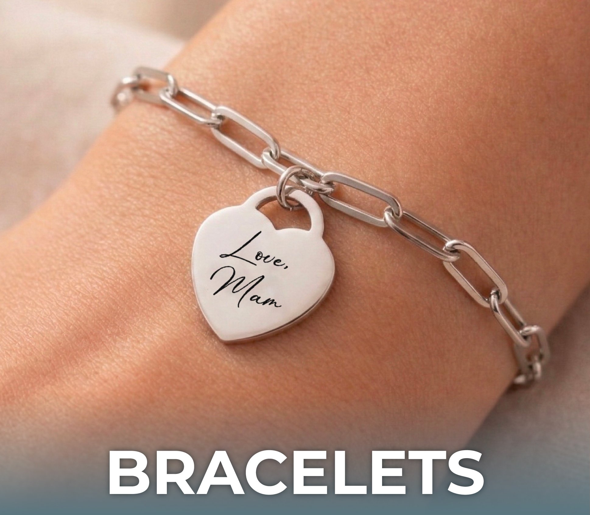 Paper clip bracelet chain with handwriting engraved heart pendant in silver