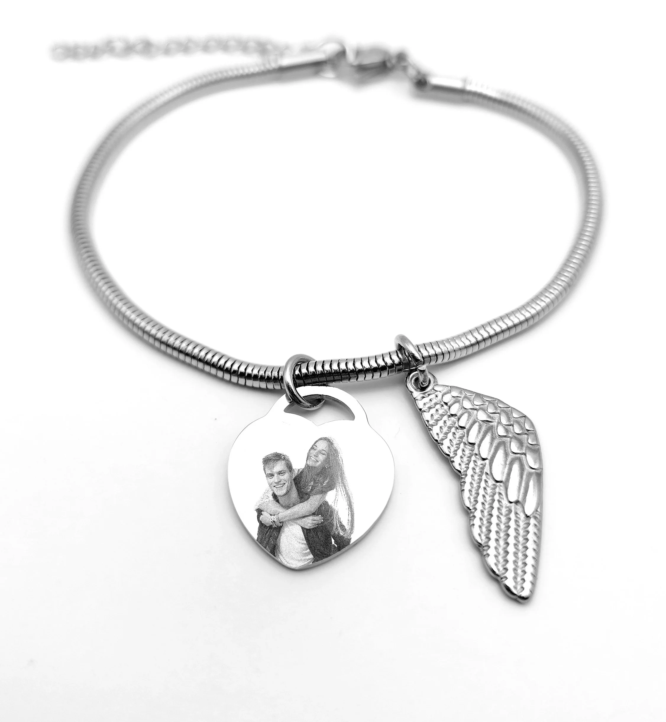 Silver Heart Wing Rope Photo Bracelet