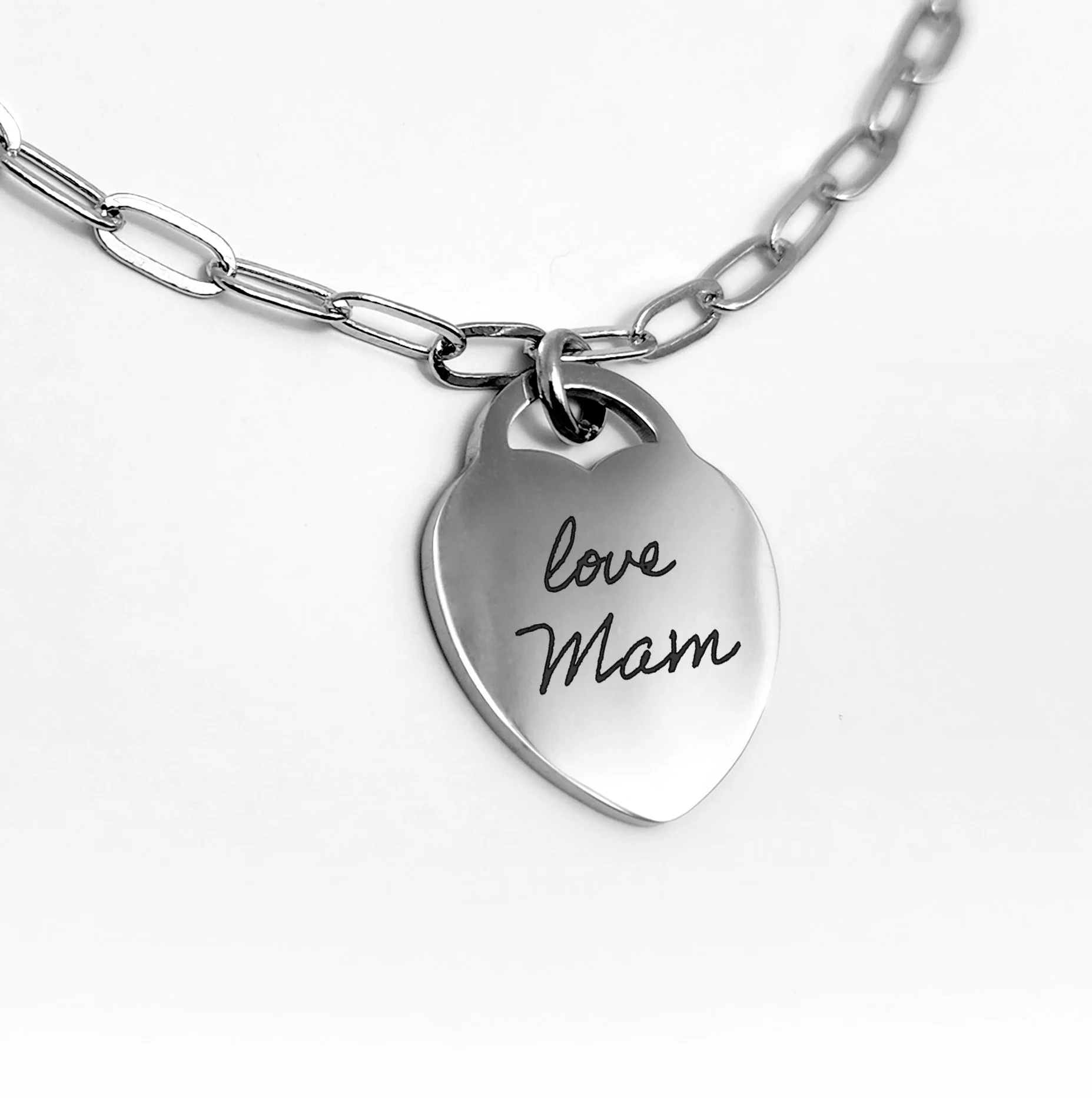 Silver Heart Handwriting Engraved Paperclip Chain Bracelet