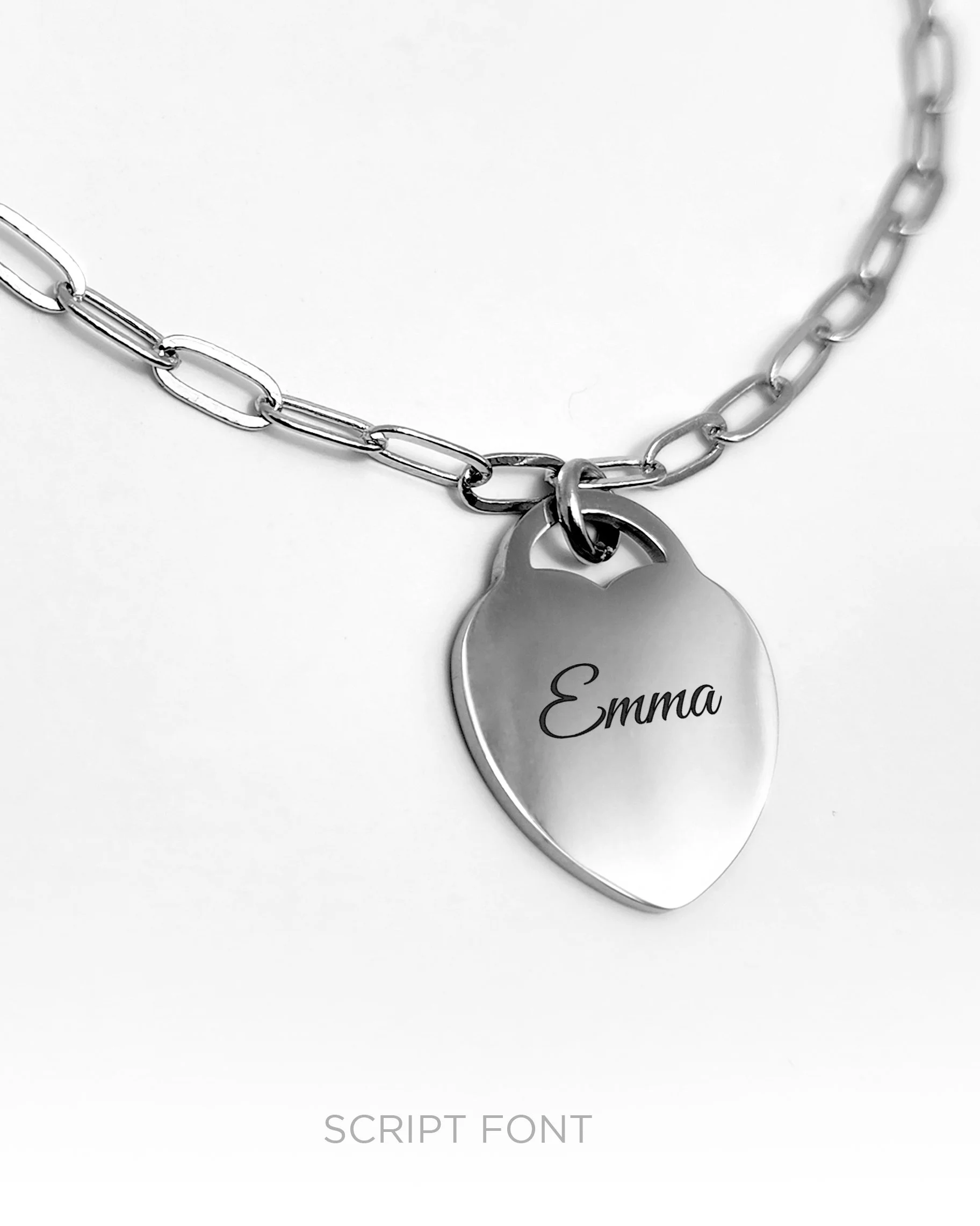 Silver Heart Engraved Paperclip Chain Bracelet