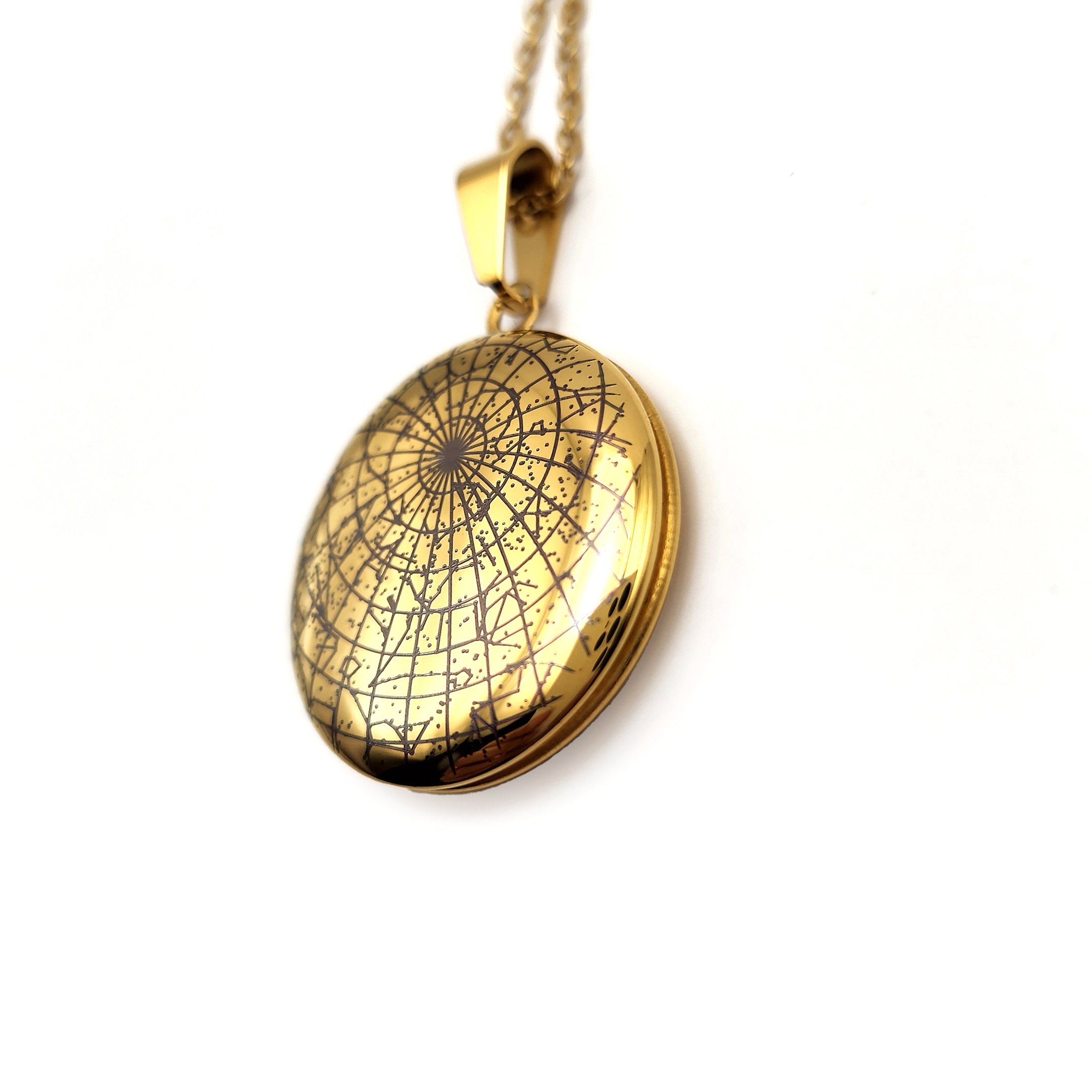 Personalised star map photo locket necklace with engraved message and space for two photos inside