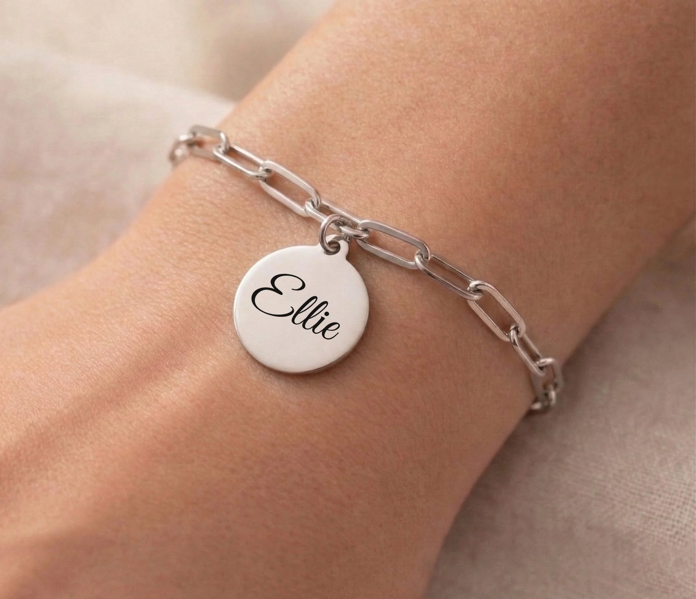 Silver Round Engraved Paperclip Chain Bracelet