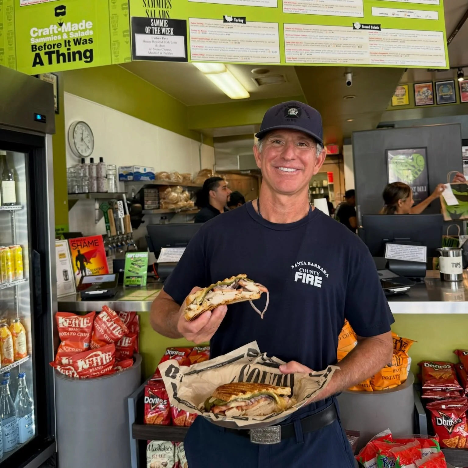 I&rsquo;ll have what he&rsquo;s having! @santabarbaracountyfire with a Mark&rsquo;s Panini 🔥 roasted chicken breast w/ pepper jack, our garlic-tabasco mayo, house roasted pasilla chile, tomato, &amp; red onion grilled and pressed