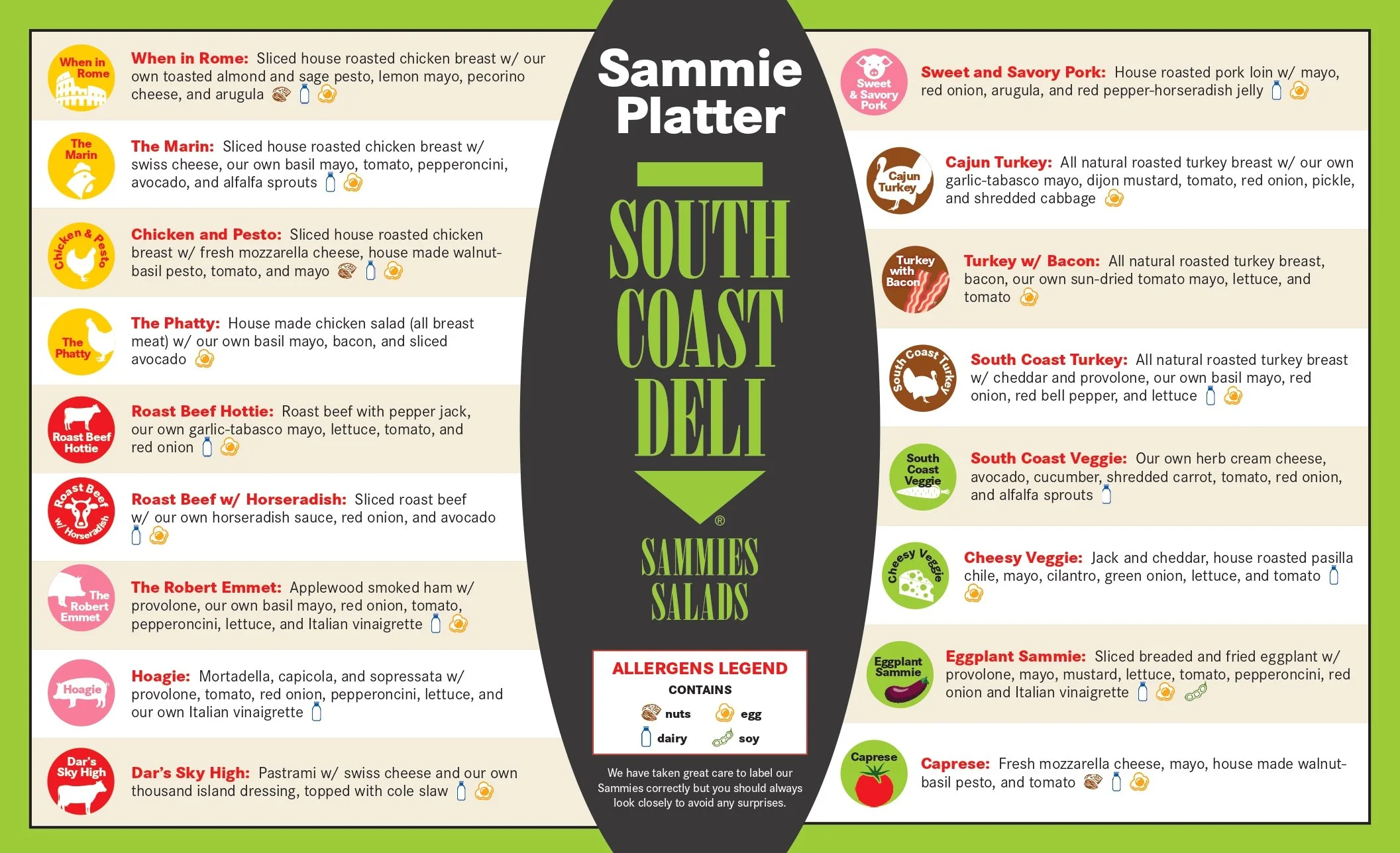 A menu titled 'Sammie Platter South Coast' with various sandwich options, descriptions, and icons for ingredients and allergens, divided into meat, veggie, and special categories.