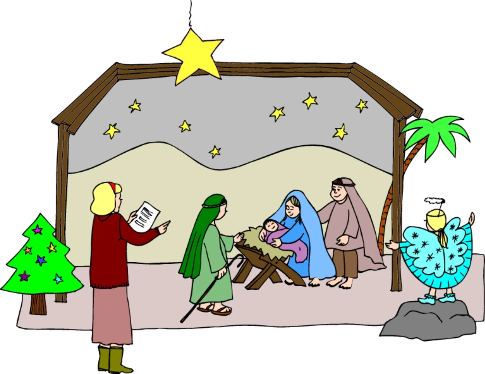Illustration of the nativity scene with Mary, Joseph, baby Jesus, the wise men, an angel, a star, and a Christmas tree under a stable roof with stars and a large star hanging from the top.