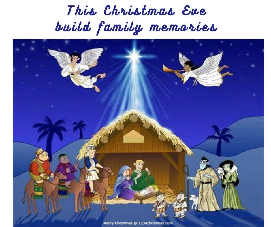 Illustration of the nativity scene with Mary, Joseph, baby Jesus in a manger, three wise men, shepherds, angels, and stars, with a night sky and palm trees in the background, and a caption that reads, "This Christmas Eve build family memories."