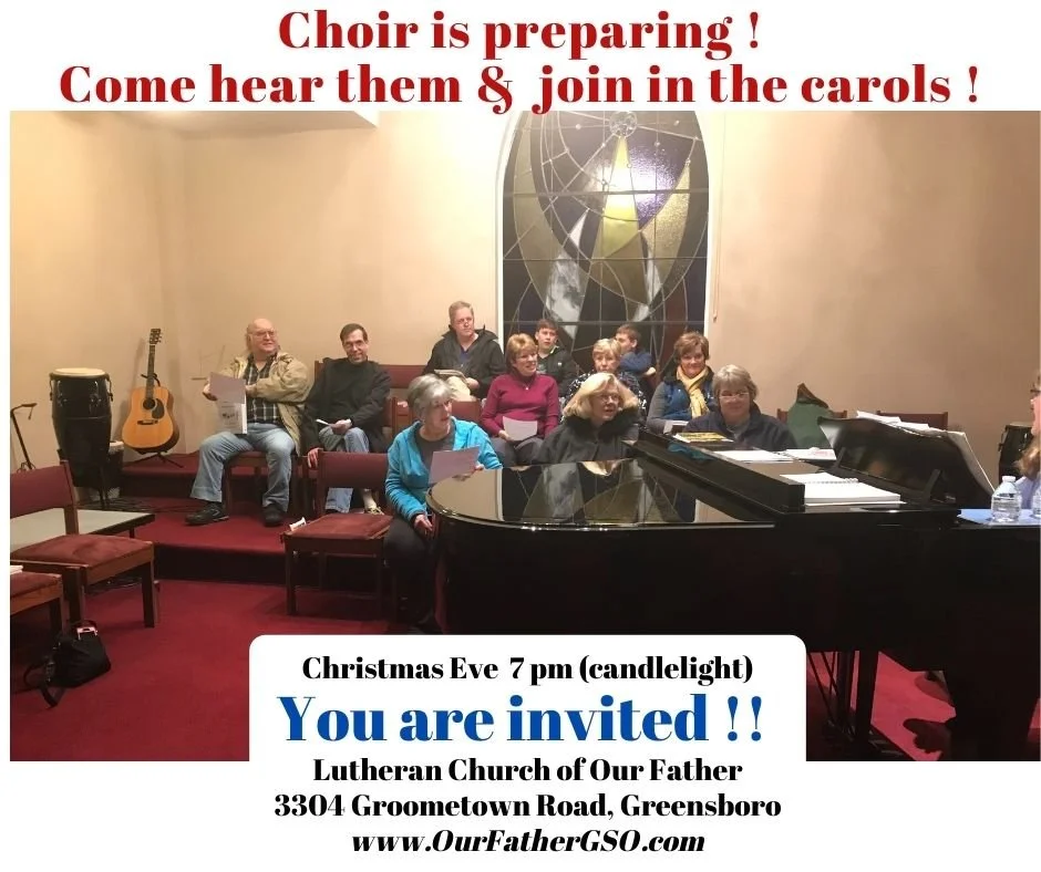 A way to invite new people. Group of people seated and standing in a church choir, with musical instruments like a guitar and percussion in the background, preparing for a Christmas Eve candlelight service with a piano in the foreground.