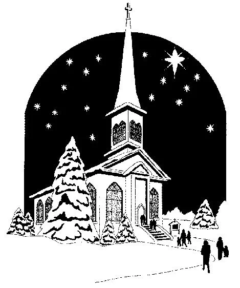 Black and white illustration of a church with a tall steeple, surrounded by snow-covered trees and people, with stars and a large star in the night sky.