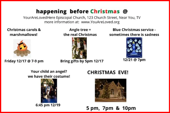 A flyer with Christmas event information. It features a cartoon of a marshmallow with a candle for 'Christmas carols & marshmallows' on Friday 12/17 from 7-9 pm. An image of an angel tree for 'Angle tree = the real Christmas' with gifts to be brought by 5 pm on 12/17. An image of water drops for 'Blue Christmas service - sometimes there is sadness' on 12/21 at 7 pm. A photo of children in costume for 'Your child an angel? We have their costume!' on 12/19 at 6:45 pm. Christmas Eve service times at 5 pm, 7 pm, and 10 pm.