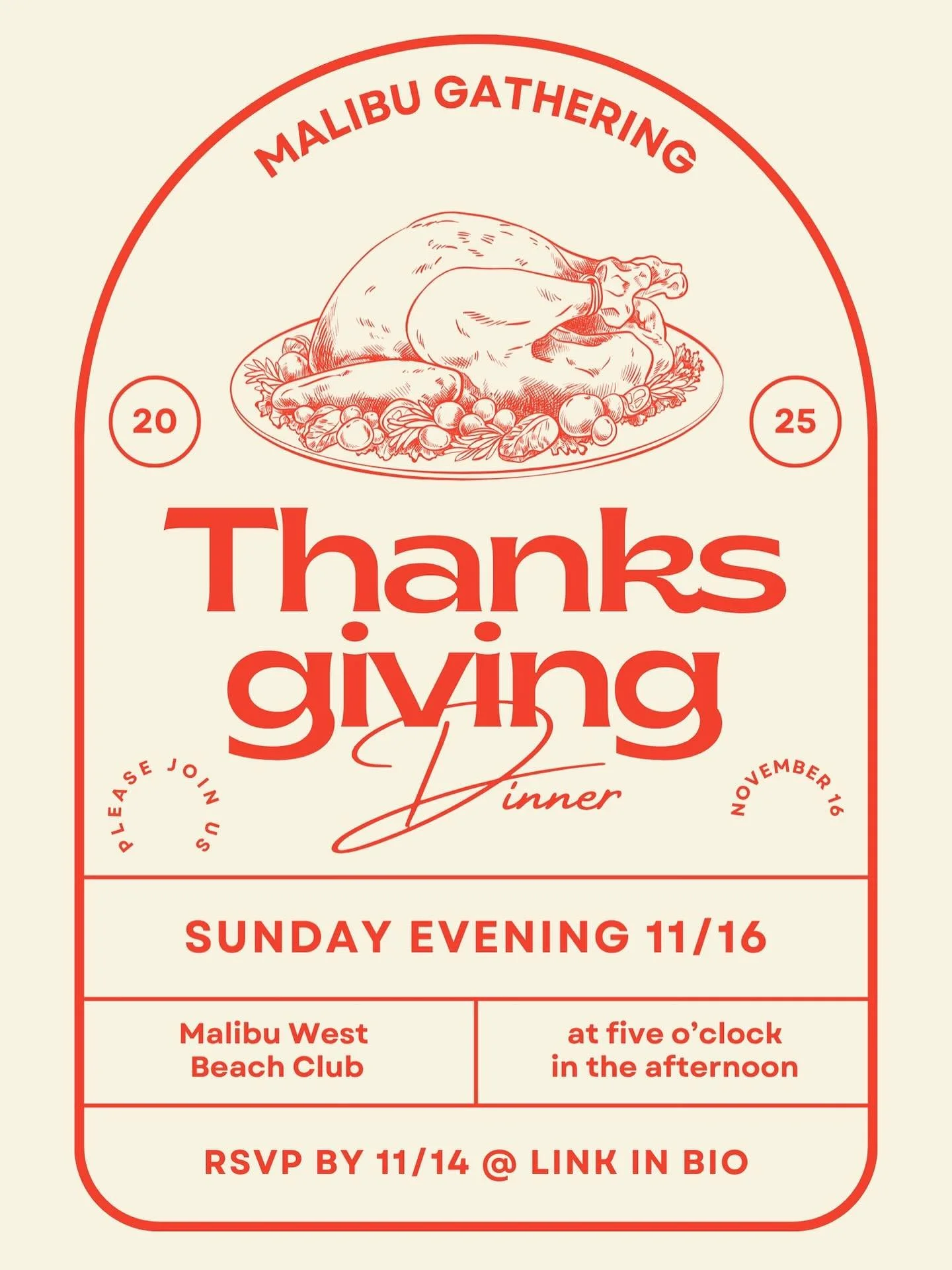 **NEW LOCATION**

Malibu West Beach Club
30756 Pacific Coast Hwy
Malibu, CA  90265

We are excited for our annual Malibu Gathering Thanksgiving Dinner, this coming Sunday evening! 

Many of you have already registered and committed to bring something