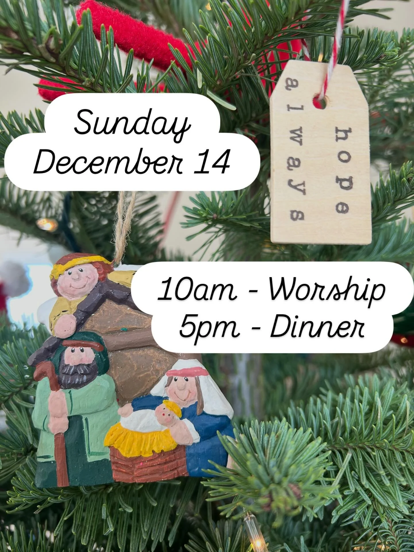 We are excited to continue our Advent journey with all of you!

10am Worship Service
5pm Christmas Dinner and Carol Sing

&ldquo;Give praise to the Lord, proclaim his name; make known among the nations what he has done&hellip;sing to the Lord for he 