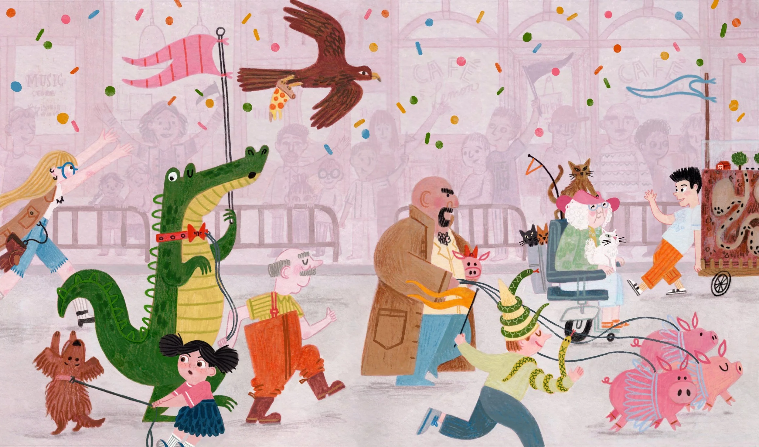 Childrens book illustration of parade with owners and pets, kids lit, book design, illustrator