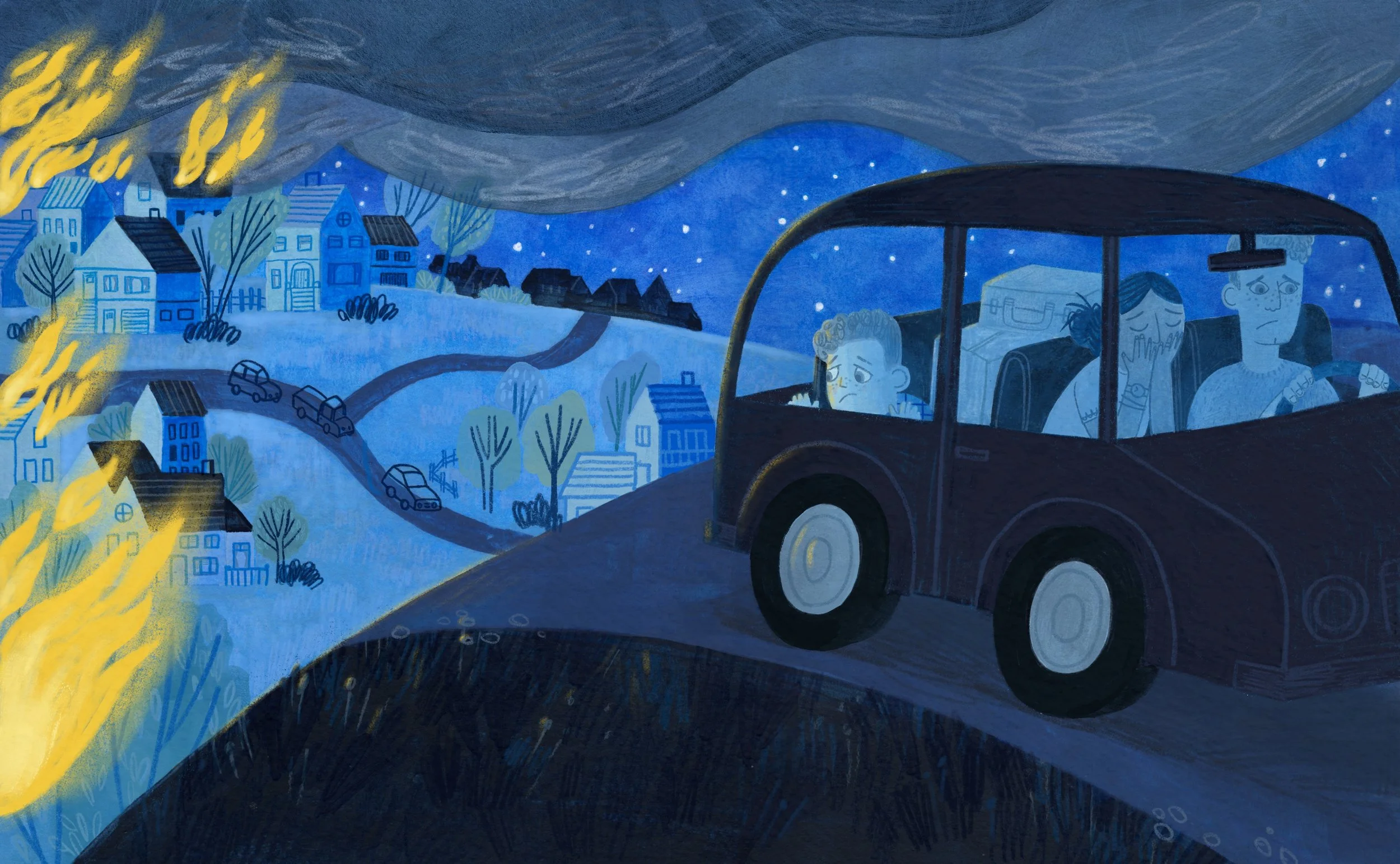 Childrens book illustration family leaving their home because of a wild fire, kids lit, book design, illustrator