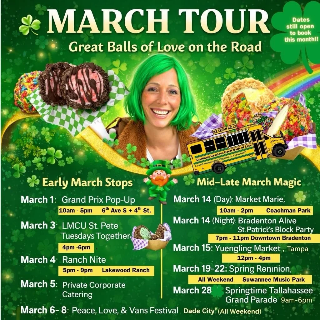 Get ready to roll with us on our March Tour! 

🍀 We're bringing our "Great Balls of Love" on the road to a location near you with a bus full of deliciousness and good times. 

Mark your calendars and come join the fun!

🏎️ 🏎️ March 1: @g