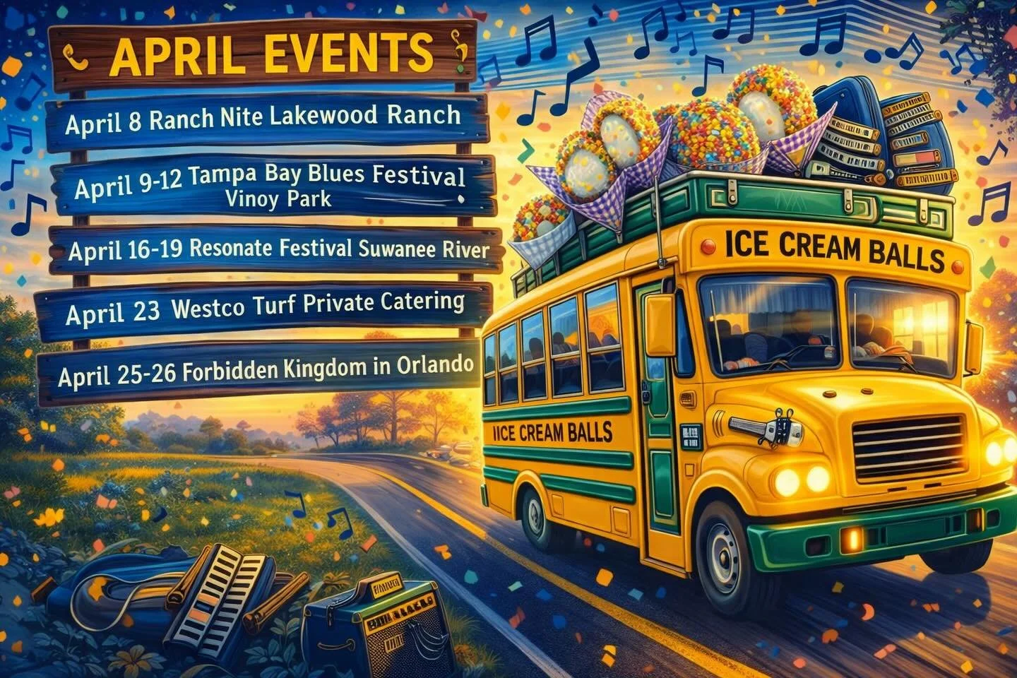 LET&rsquo;S GROOVE INTO APRIL 🎷✨🍦
We&rsquo;re hitting the road, turning up the music, and rolling with the Original Ice Cream Ball Bus into some seriously fun spots this month 💛

🎶 April 8
Ranch Nite 
📍 @lakewoodranchfla 
⏰ Evening vibes (6pm-9p