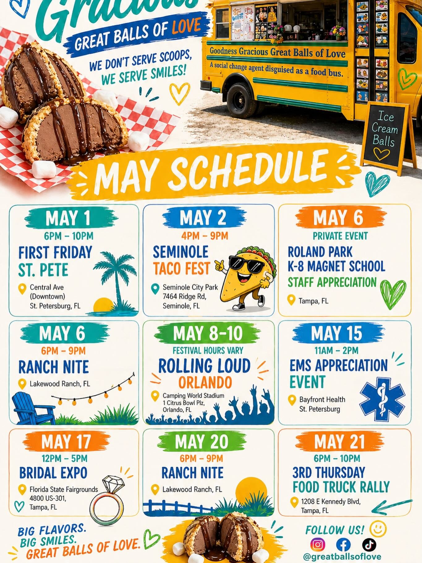 ☀️MAY IS HERE AND SO ARE ICE CREAM BALLS☀️

🚨Our May calendar is still open for graduation events, birthdays, and other pop ups ☄️

May 1 | 6:00 PM &ndash; 10:00 PM
First Friday St. Pete
📍 Central Ave (Downtown), St. Petersburg, FL

May 2 | 4:00 PM