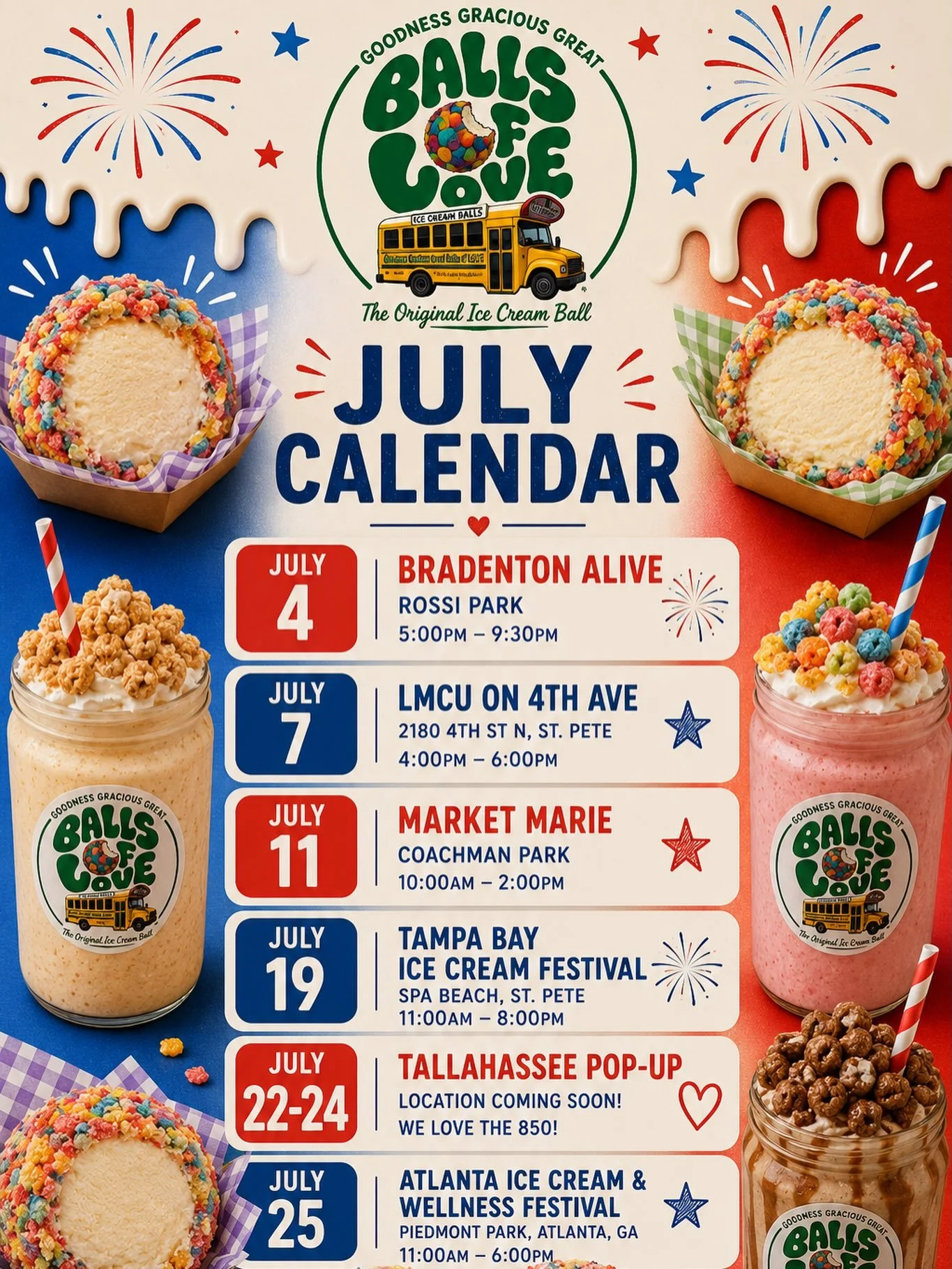 🍦 JULY CALENDAR &mdash; GREAT BALLS OF YUM
National Ice Cream Month + Independence Day =our mission in action 🇺🇸

We&rsquo;re still booking &mdash; but here&rsquo;s where you can find us 👇

🇺🇸 July 4 | Bradenton Alive
📍 Rossi Park
🕔 5:00&ndas