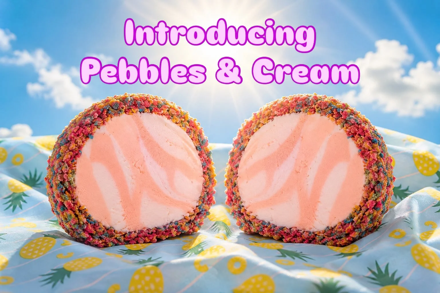 ☀️🍊 Meet Pebbles &amp; Cream. 🌈🍦

Our newest limited-edition Ice Cream Ball is basically summer wrapped in a crunchy shell.
Crack through a hand-crafted Fruity Pebbles cereal-marshmallow shell and discover dreamy swirls of creamsicle and vanilla i