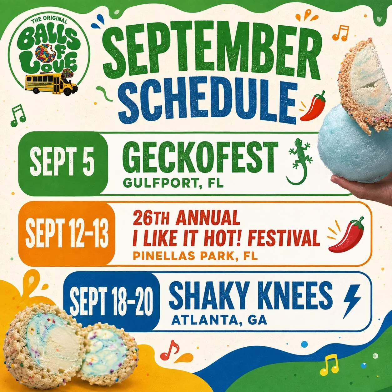 ☀️🎶 We&rsquo;re soaking up the last little bit of summer with a September full of live music, spicy food, and&mdash;of course&mdash;Ice Cream Balls!

Here&rsquo;s where you can find us:

🦎 Saturday, September 5 | 10 AM&ndash;8 PM
GeckoFest in Downt
