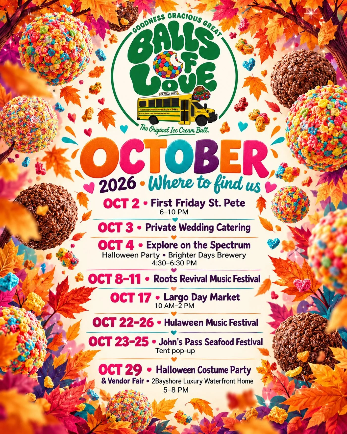 🍂 Leaves are falling&hellip; and so are Great Balls of Love! 🌈🍦

October is serving up music, markets, wedding magic, and spooky sweet celebrations! Here&rsquo;s where to find us:

🎉 October 2 | First Friday St. Pete 6&ndash;10 PM &bull; Central 