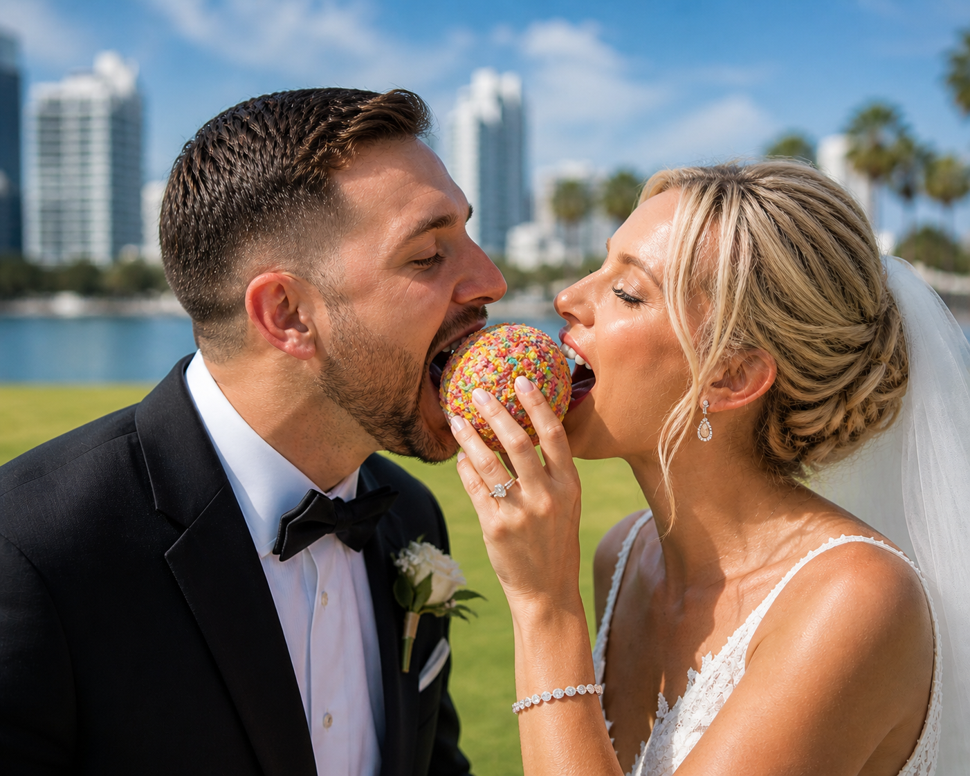 Bride and groom eating an ice cream ball from Great Balls of Love Tampa Bay Catering.