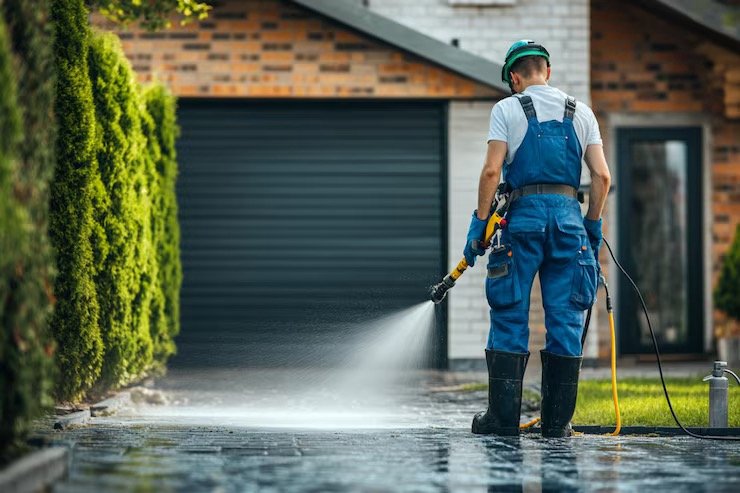 A worker in safety gear pressure washing a driveway in front of a house with a garage door.