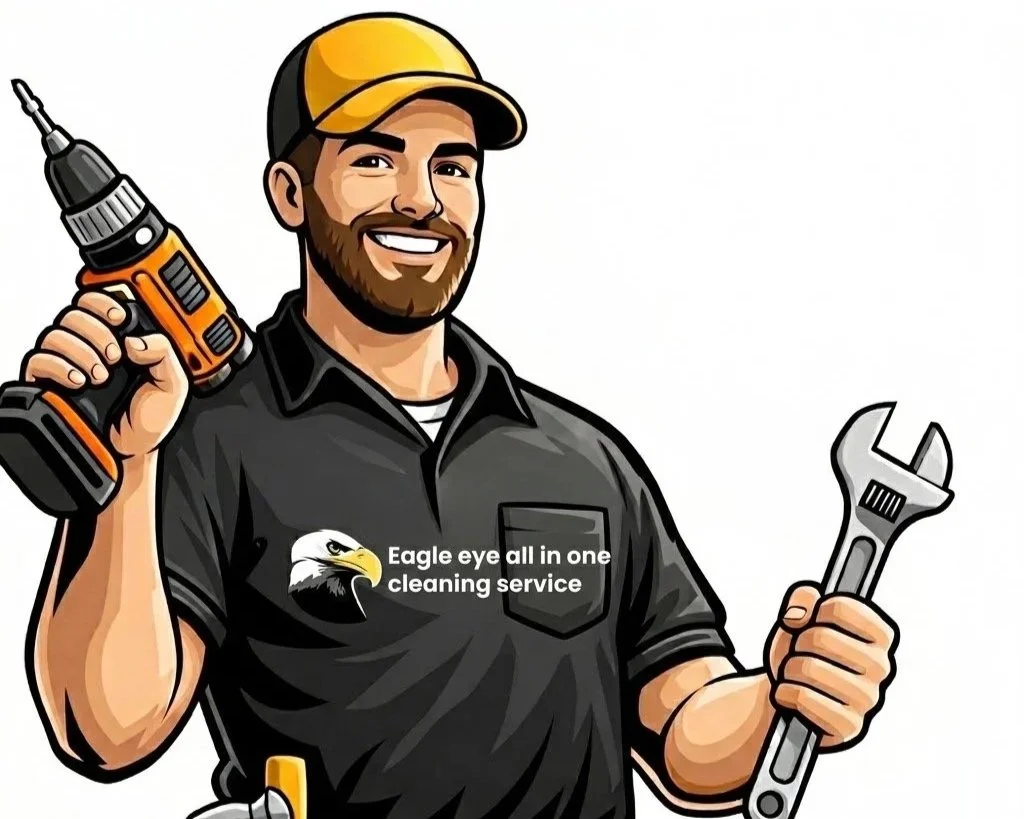 Cartoon man wearing black shirt and yellow cap holding a cordless drill in one hand and a wrench in the other, with a logo of a hawk's head and the text 'Eagle eye all in one cleaning service' on his shirt.