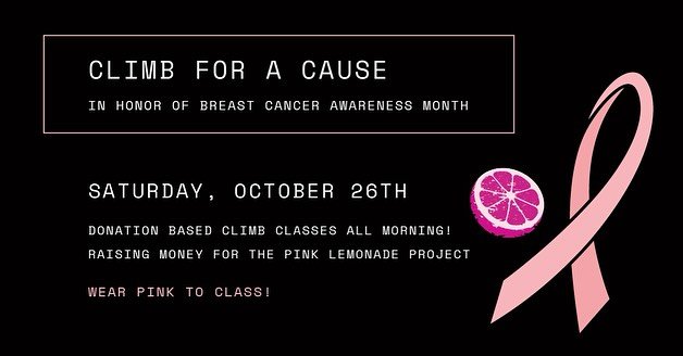 CLIMB FOR A CAUSE - Saturday, October 26th! 🩷🩷🩷

In honor of Breast Cancer Awareness month, we are raising money for the @pinklemonadeproject. A local, non-profit, who&rsquo;s mission is to educate, empower and support all communities affected by 