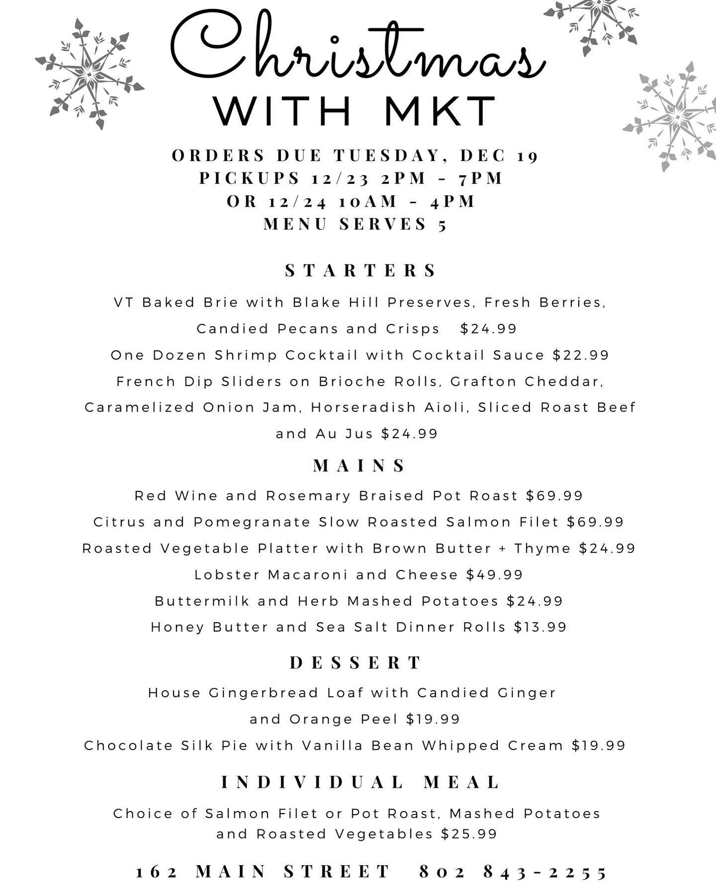 Our Christmas menu is live! 
Call the store at 843-2255 to place and order, or stop by and do it in person! 

#christmas #grafton #mkt #dinner #catering #food #wine #okemo #stratton #vermont #eats