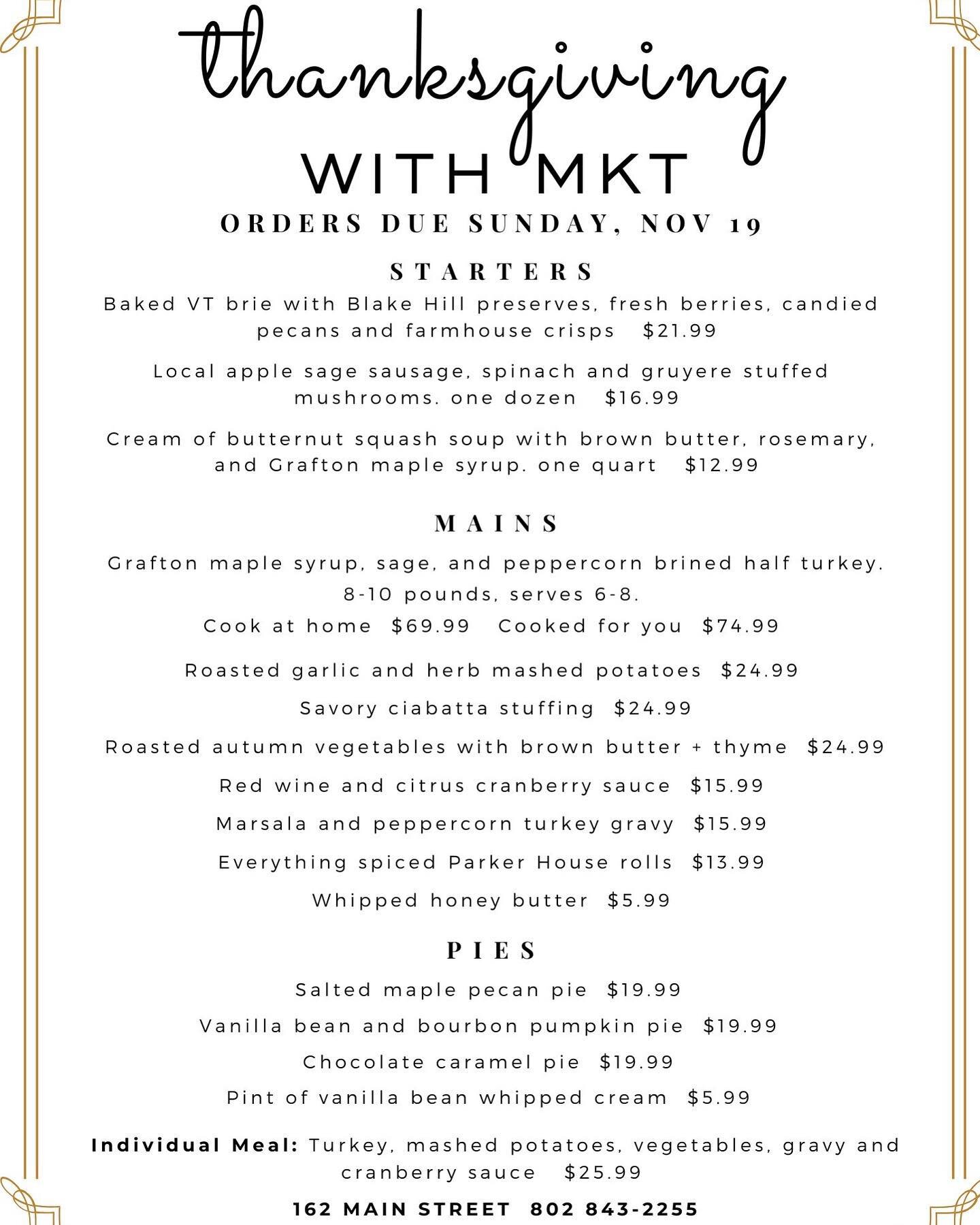 Our Thanksgiving menu is live! 
Call 843-2255 or stop by the store to place an order! 

#thanksgiving #dinner #catering #mkt #grafton #food #wine #eatvt #ediblegreenmountains #farmtotable