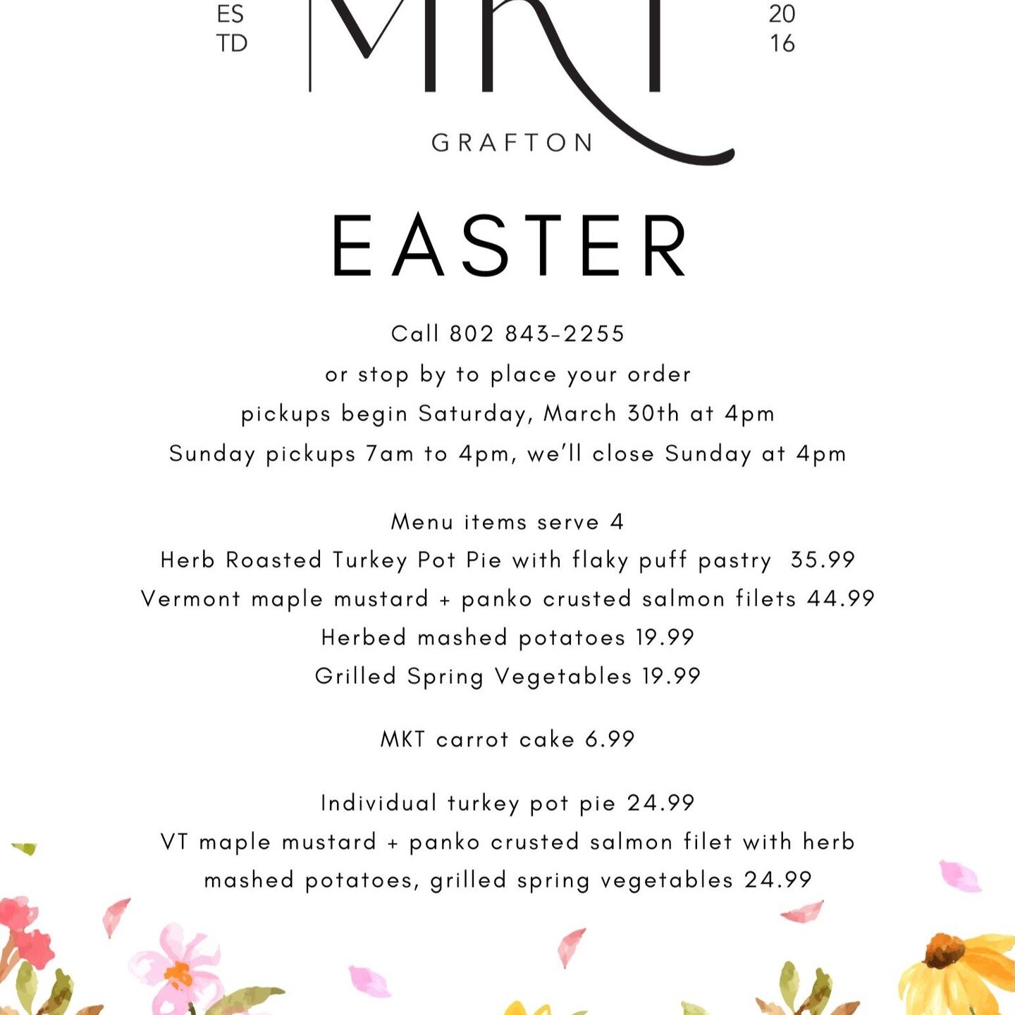 We'll be cooking a delicious Easter dinner! Call or stop by to place your order.