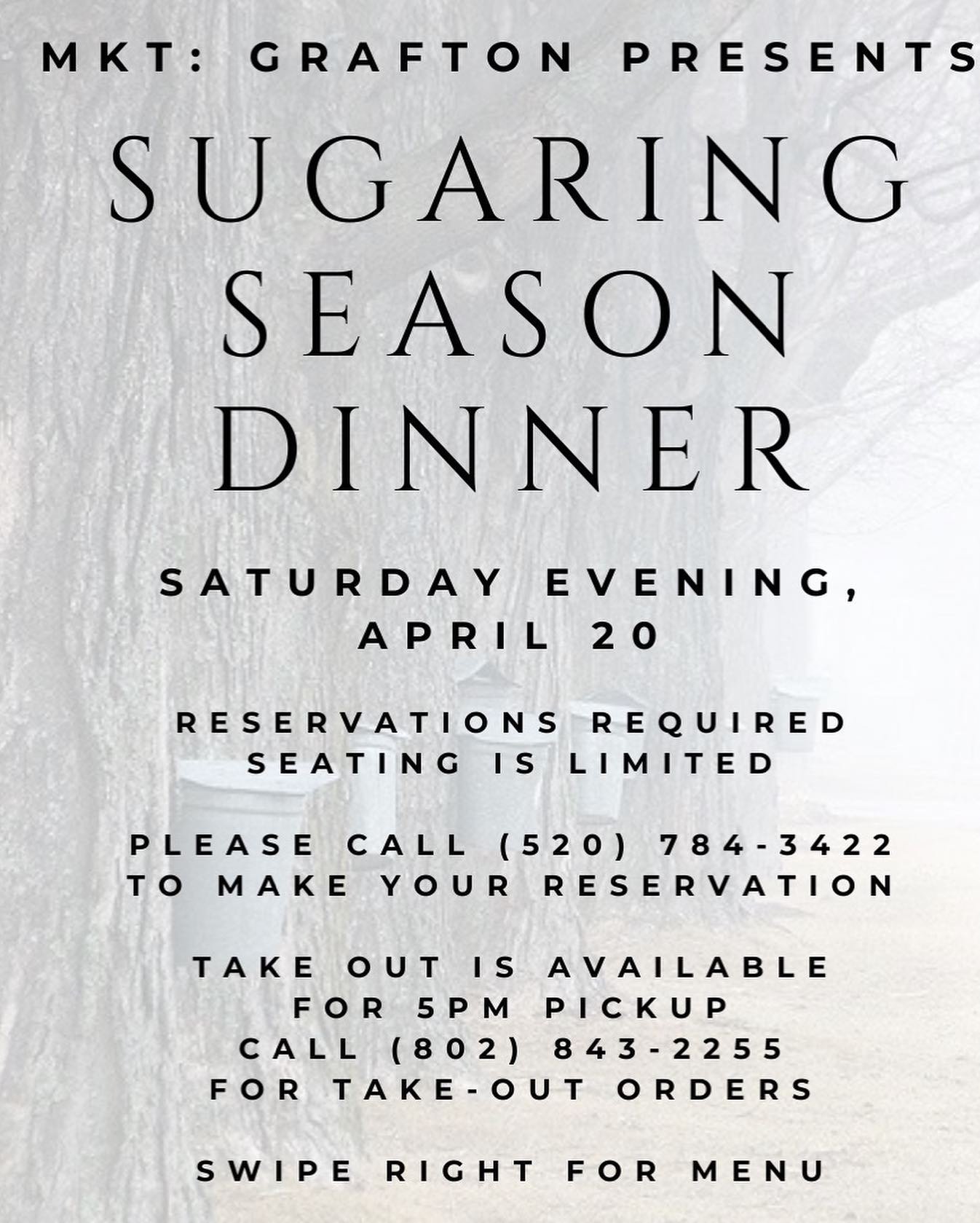 Join us for this special pop-up dinner honoring one of our favorite seasons in Vermont! 
Swipe right for menu. 
Vegetarian entrees available. 

#maple #maplesyrup #vermont #sugaring #sap #food #wine #generalstore #eatvt #sugarhouse #grafton