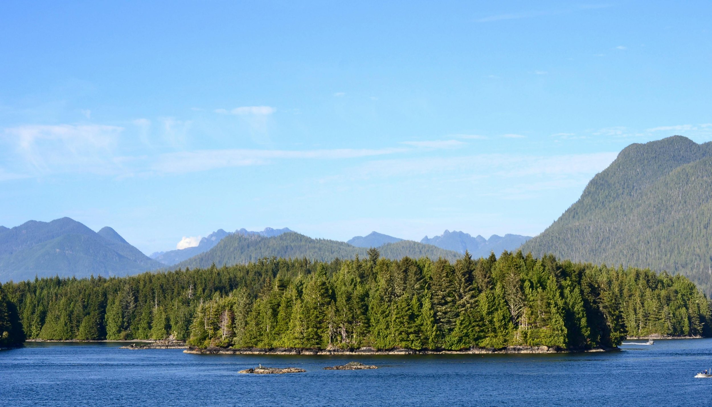 A scenic landscape of a lake with blue water in the foreground, dense green forest along the shoreline, and mountains covered with trees and some rocky peaks in the background under a bright blue sky with a few clouds.