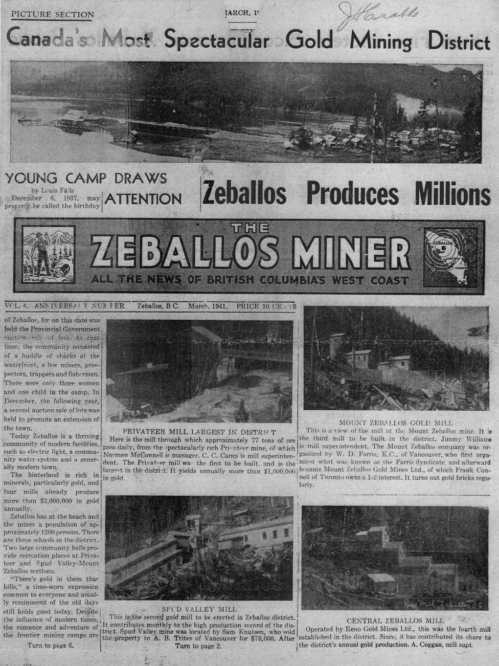 Black and white photo of a gold mining district with mining operations and buildings surrounded by trees, labeled as Canada's most spectacular gold mining district.