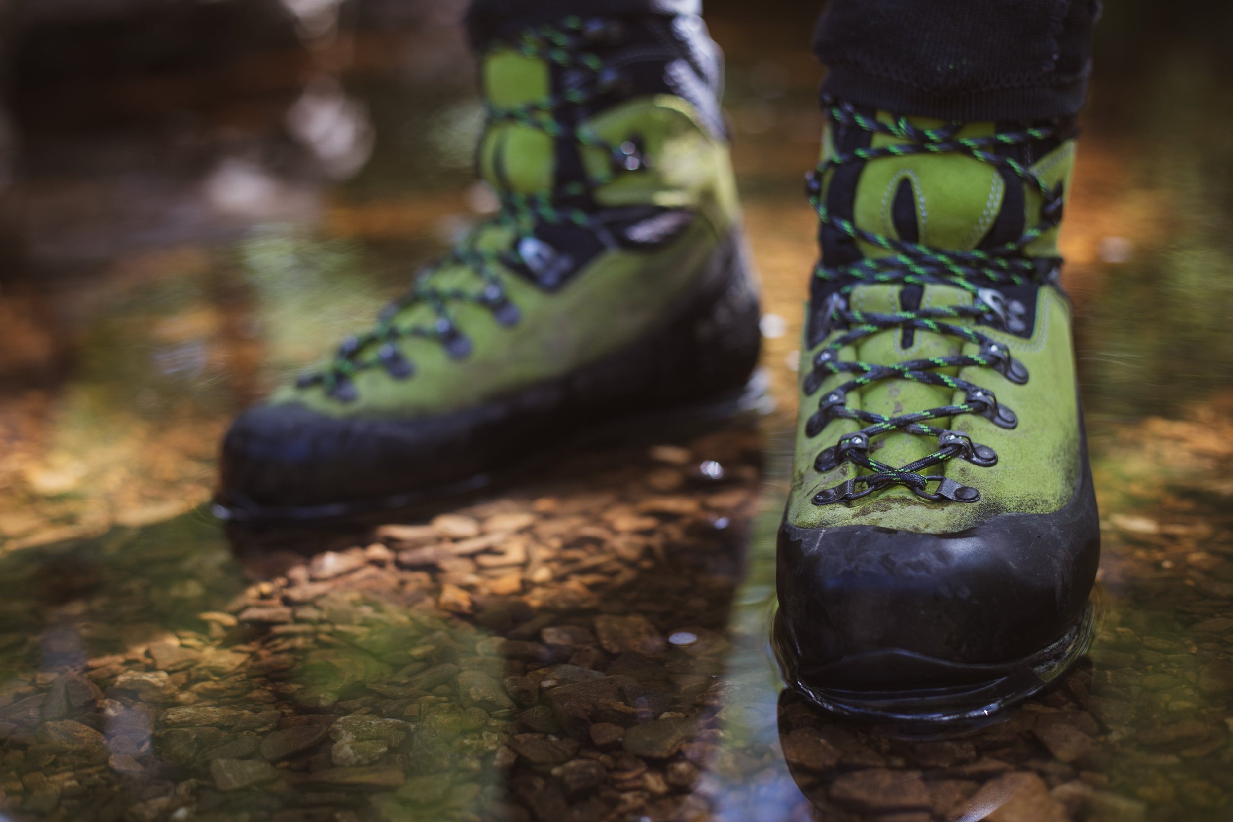 Close-up of green and black hiking boots with laces, submerged in shallow water on a forest trail.
