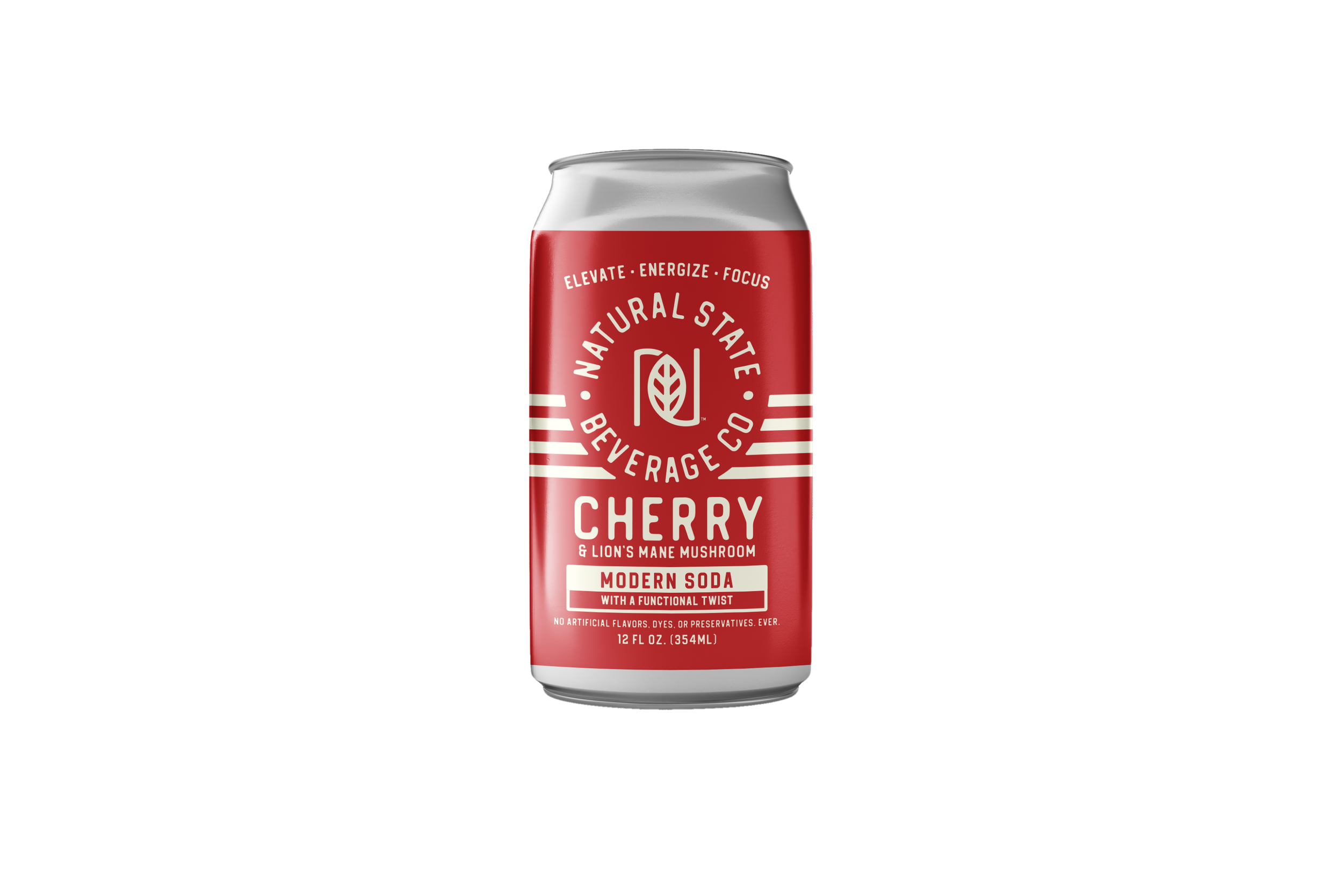 Red and Cream colored can, Cherry flavor with Lions Mane Mushroom.