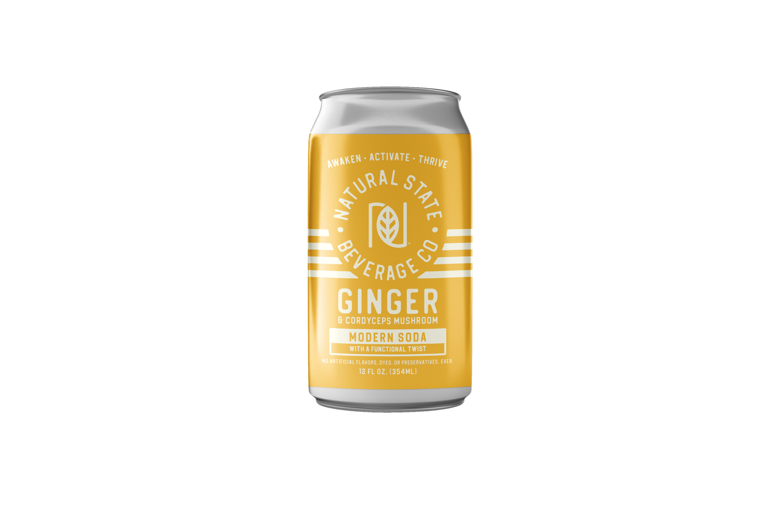 Can of Natural State Beverage Co. sparkling soda with ginger and cordyceps flavor, with organic fruiting bodies and bioactive compounds. Nootropics.