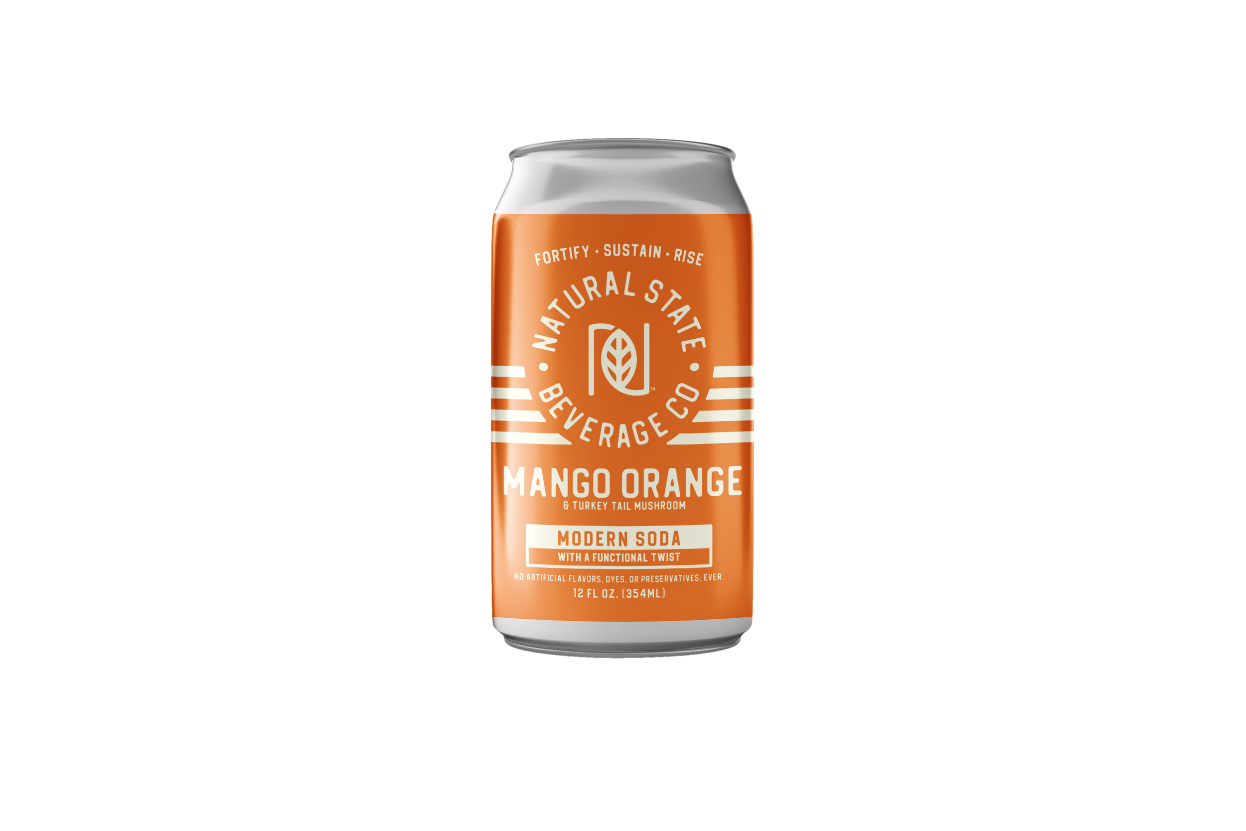 Natural State Beverage Company Mango Orange & Turkey Tail Mushroom Modern Soda, a lightly sweetened citrus soda made with mango, blood orange, and organic Turkey Tail mushroom extract.