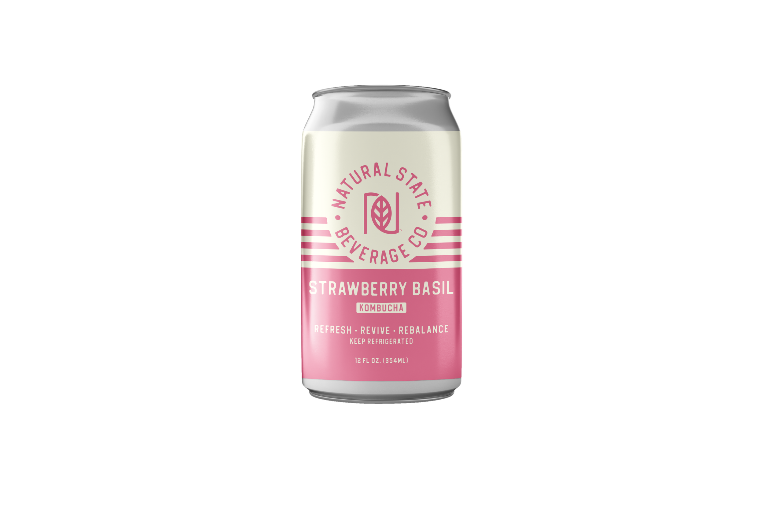 Canned beverage labeled Strawberry Basil Kombucha with logo and branding from Natural State Beverage Co. label featuring purple and white colors, and text promoting refresh, revive, re-balance, and keeping refrigerated.