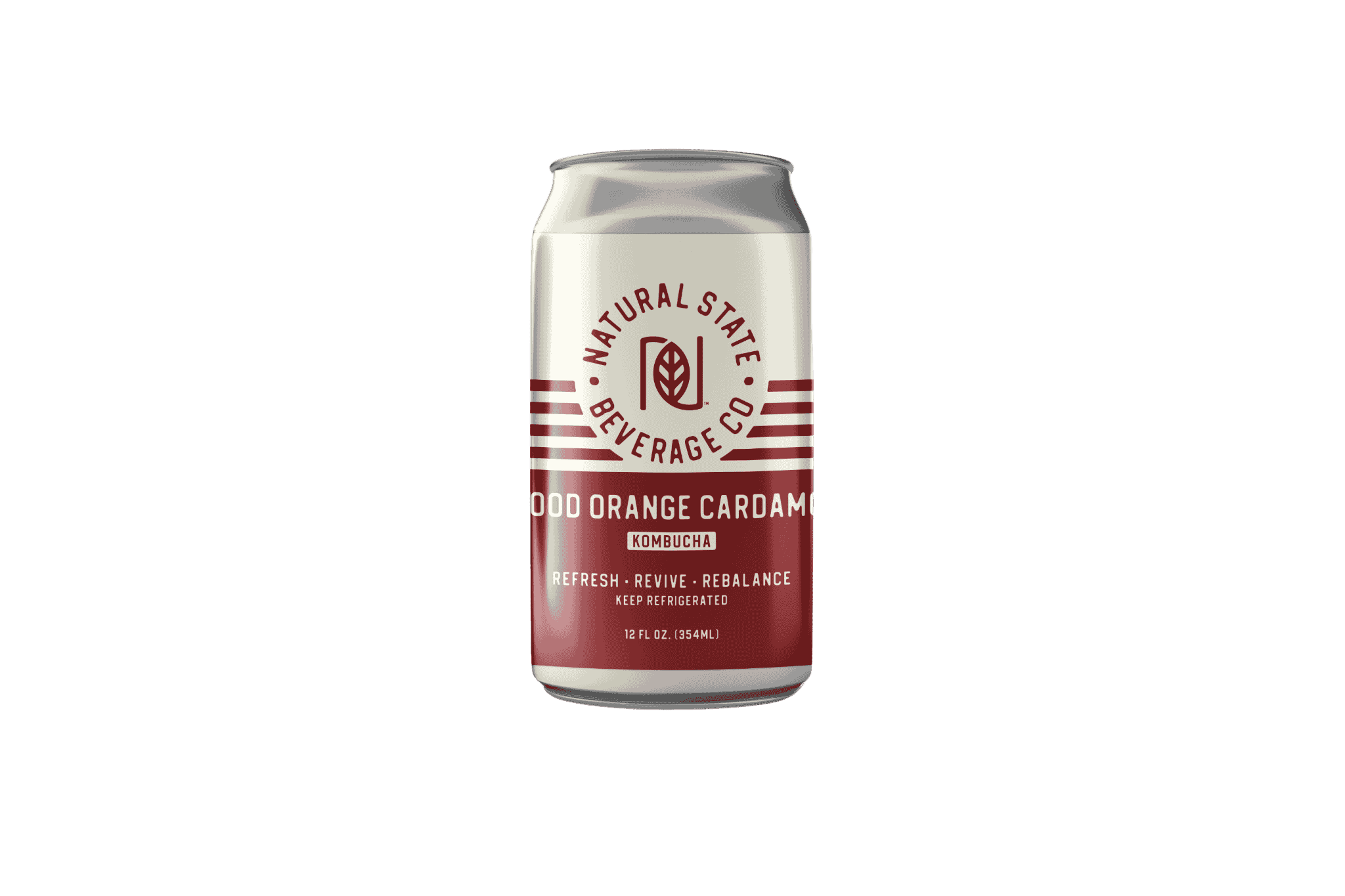 Cream and deep red Blood Orange and Cardamom Winter Seasonal Kombucha can with earthy tea, citrus, and cardamom notes