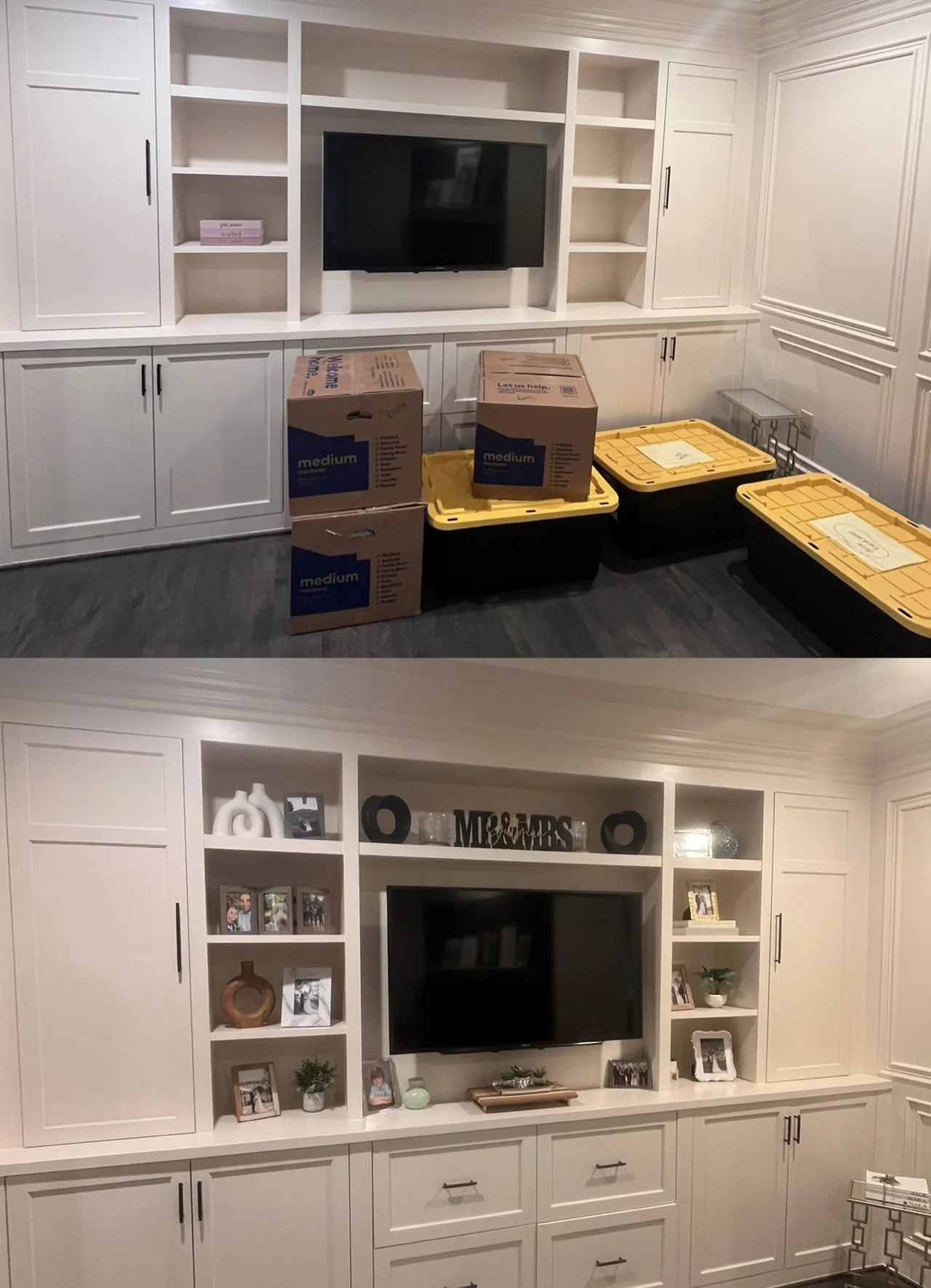 Comparison of a white built-in entertainment center before and after decorating. The after version is decorated with vases, photo frames, and words, while the before version is empty except for some boxes and storage bins.