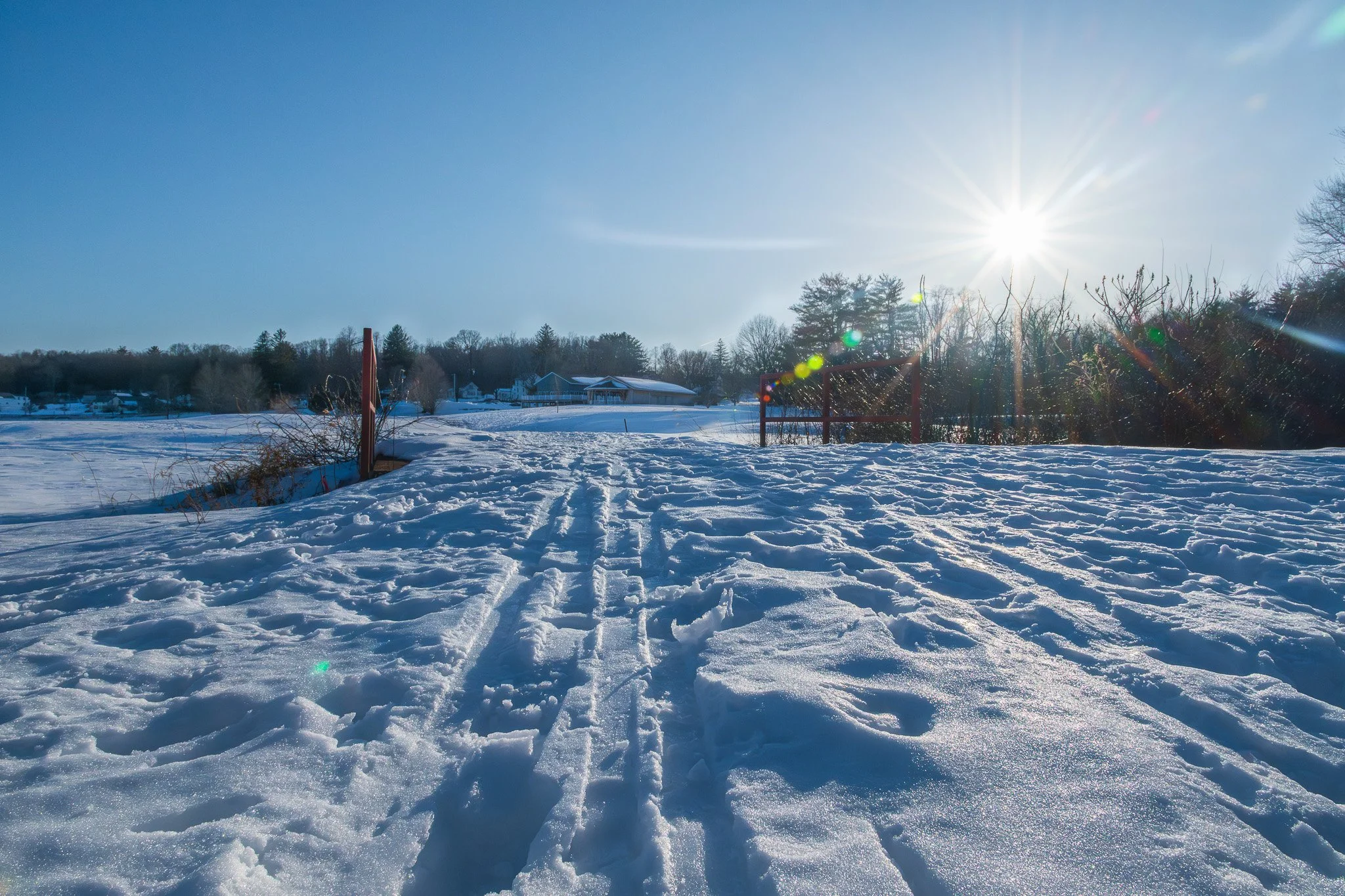 Tracks from cross-country skiers criss-cross one of the many bridges on the expansive property.