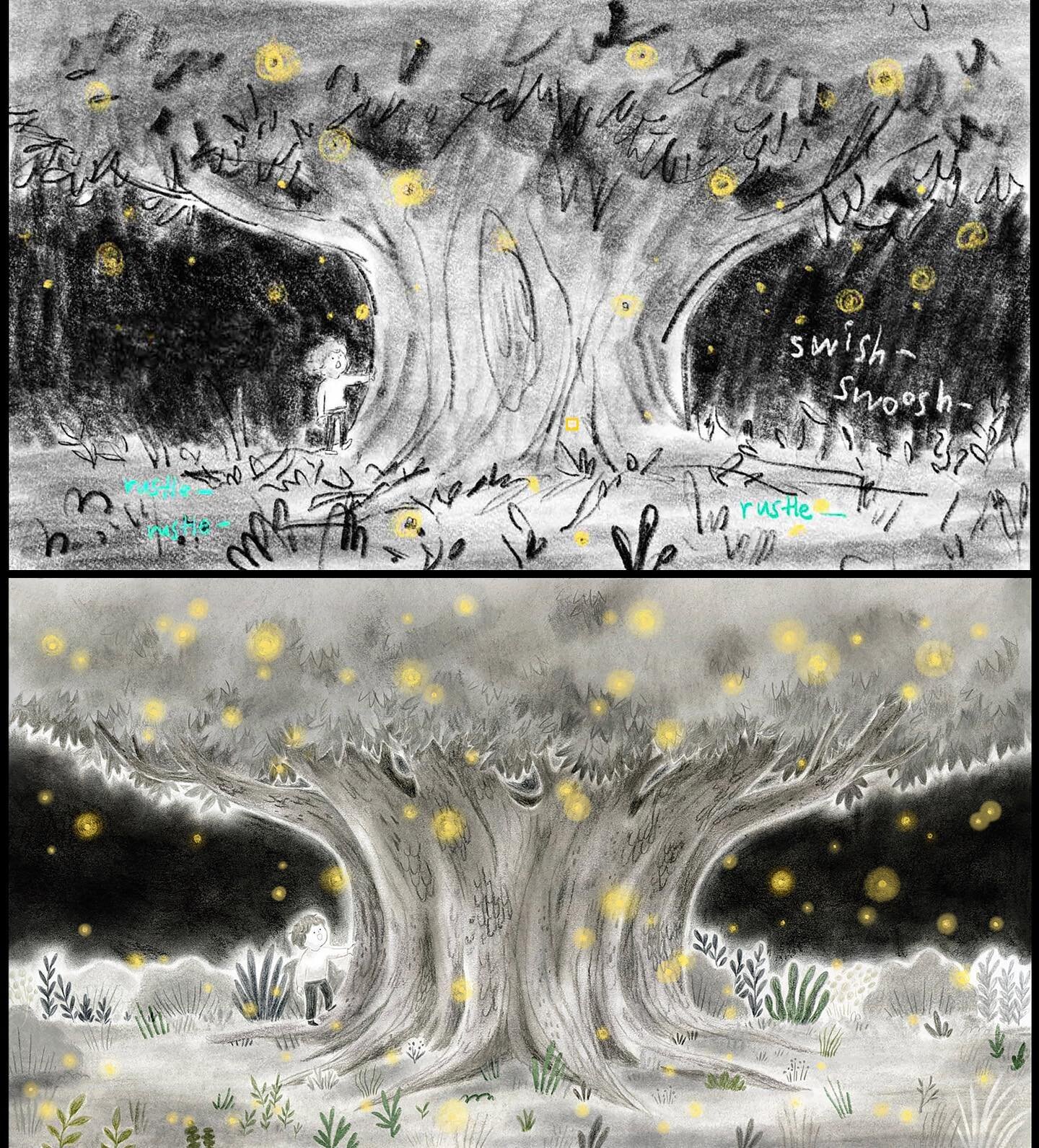 Would anyone be interested in seeing the process of NIGHTSONG? Here's one of my favorite spreads, from the early sketch to the final artwork. For this spread, I aimed to depict the magical moment that Lewis had discovered, a memory that would forever