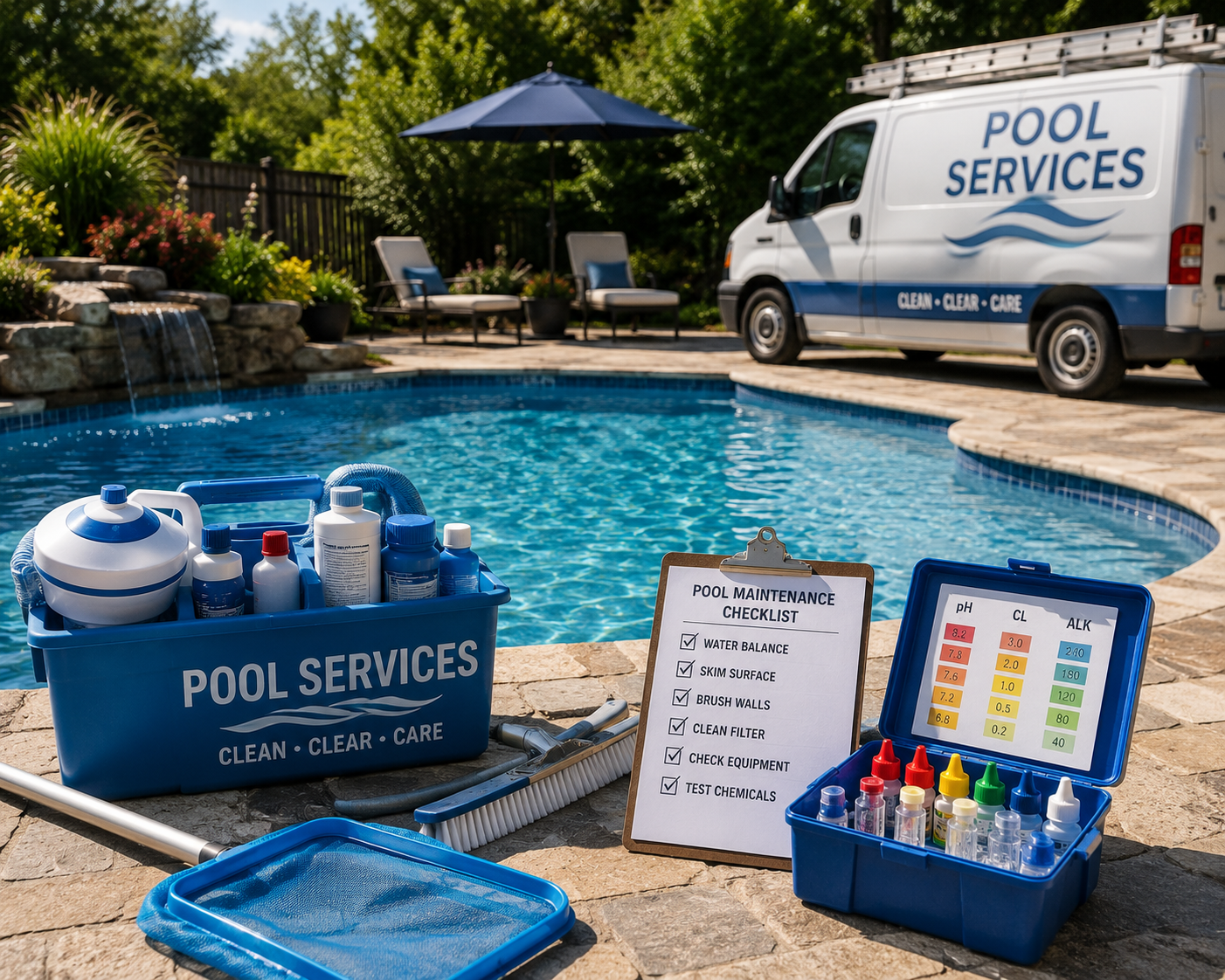 Pool service technician performing maintenance on a residential swimming pool