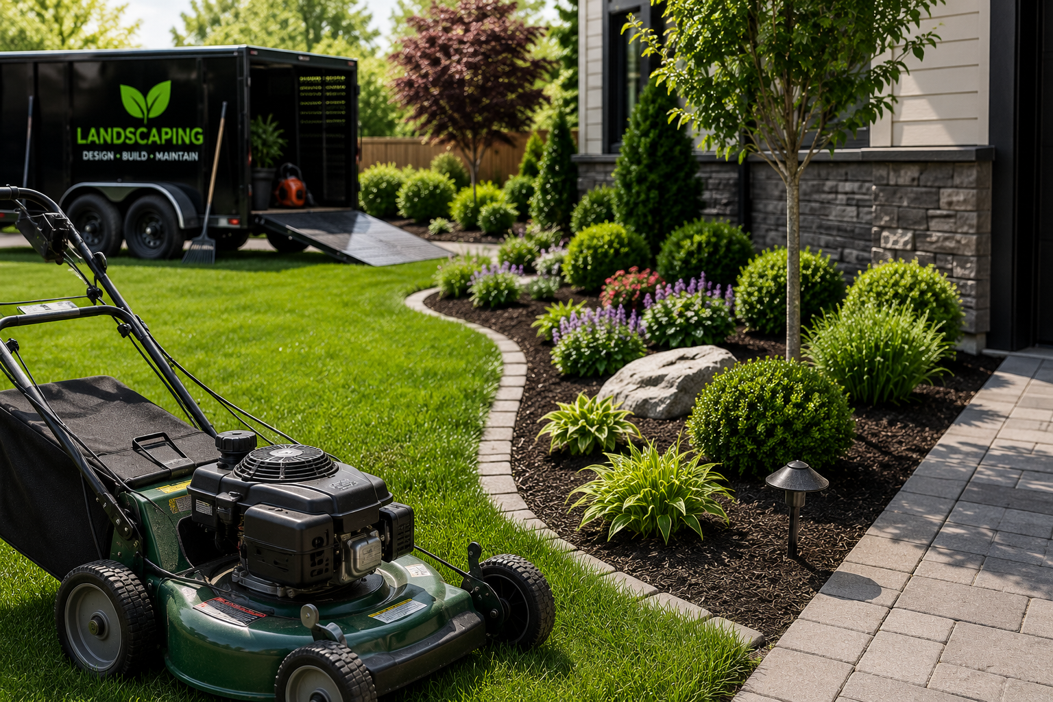 Landscaping crew maintaining commercial property grounds