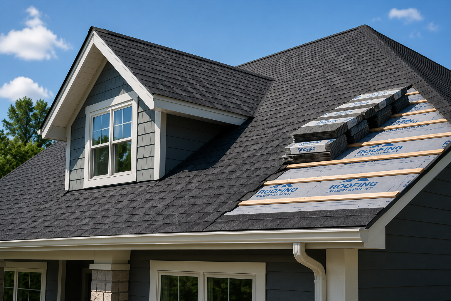 Roofing contractor inspecting a residential roofing project