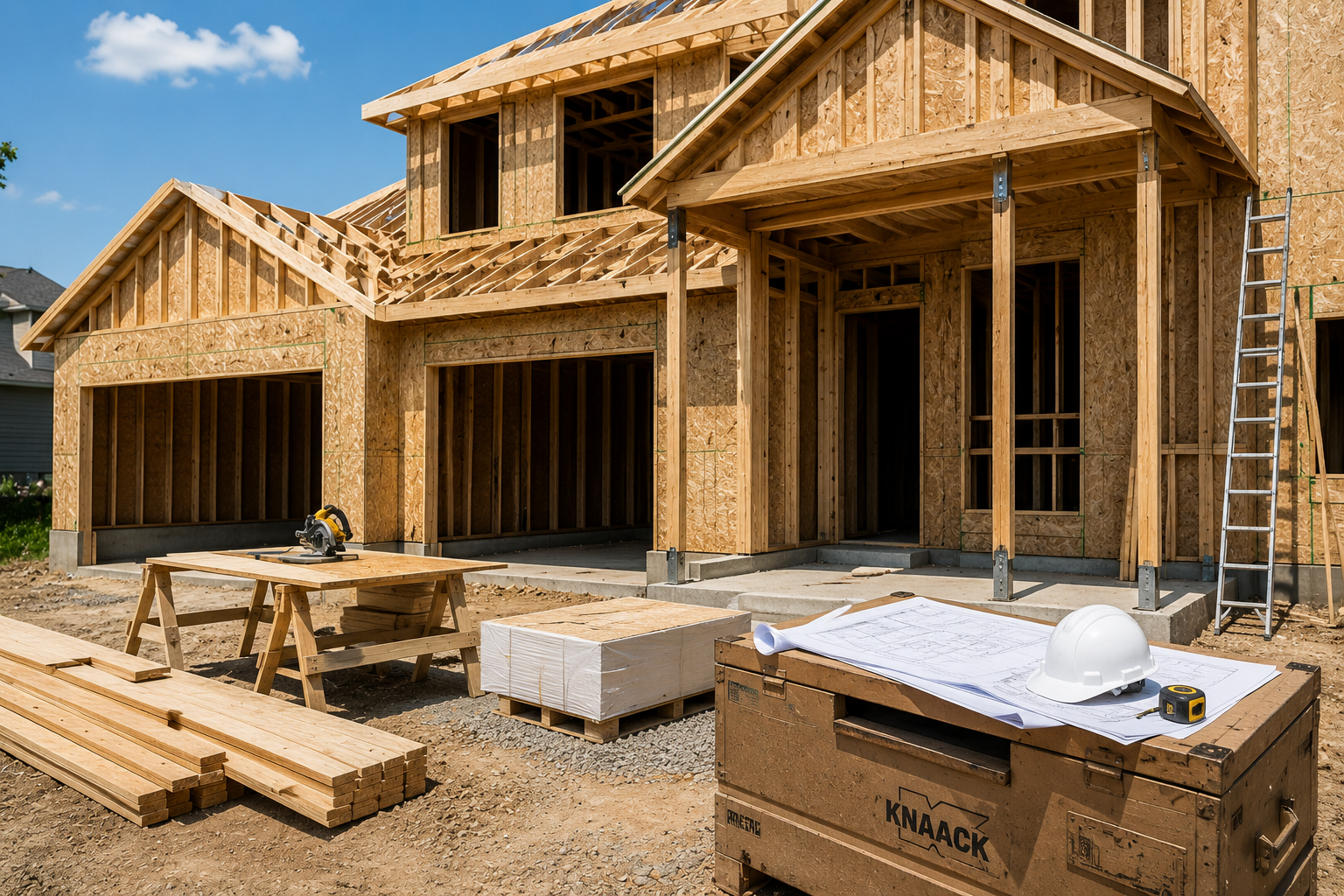 General contractor reviewing construction project plans on a commercial job site