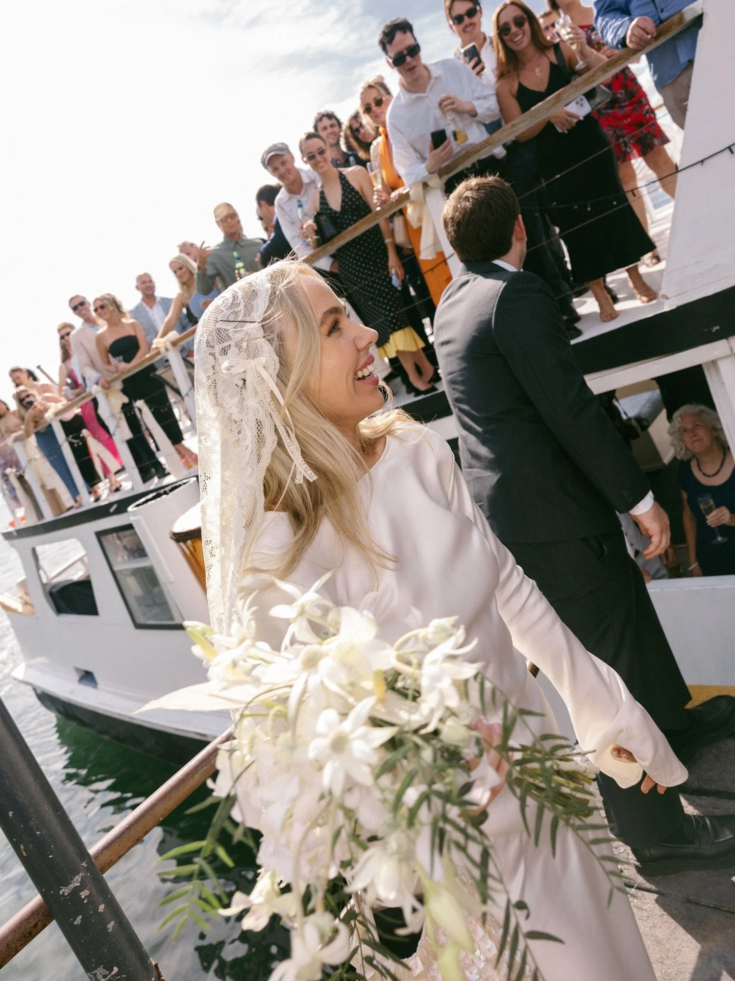 POV: your wedding reception is on a vintage Sydney ferry ⛴️ 

📷 Catherine 

#sydneyharbourwedding #sydneyweddingphotographer #sydneywedding #sydneybride #loveonfilm #citywedding #boatwedding