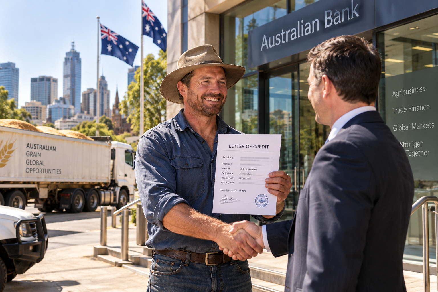 Australian farmer holding a letter of credit while meeting a trade finance professional