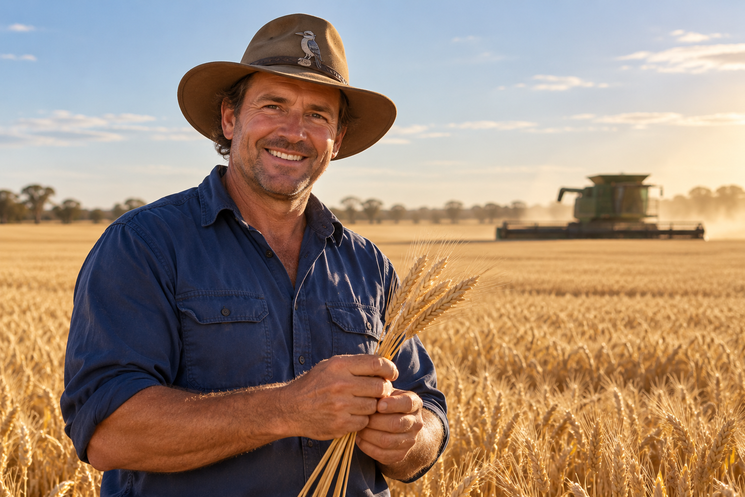 Australian wheat farmer holding harvested grain in a wheat field